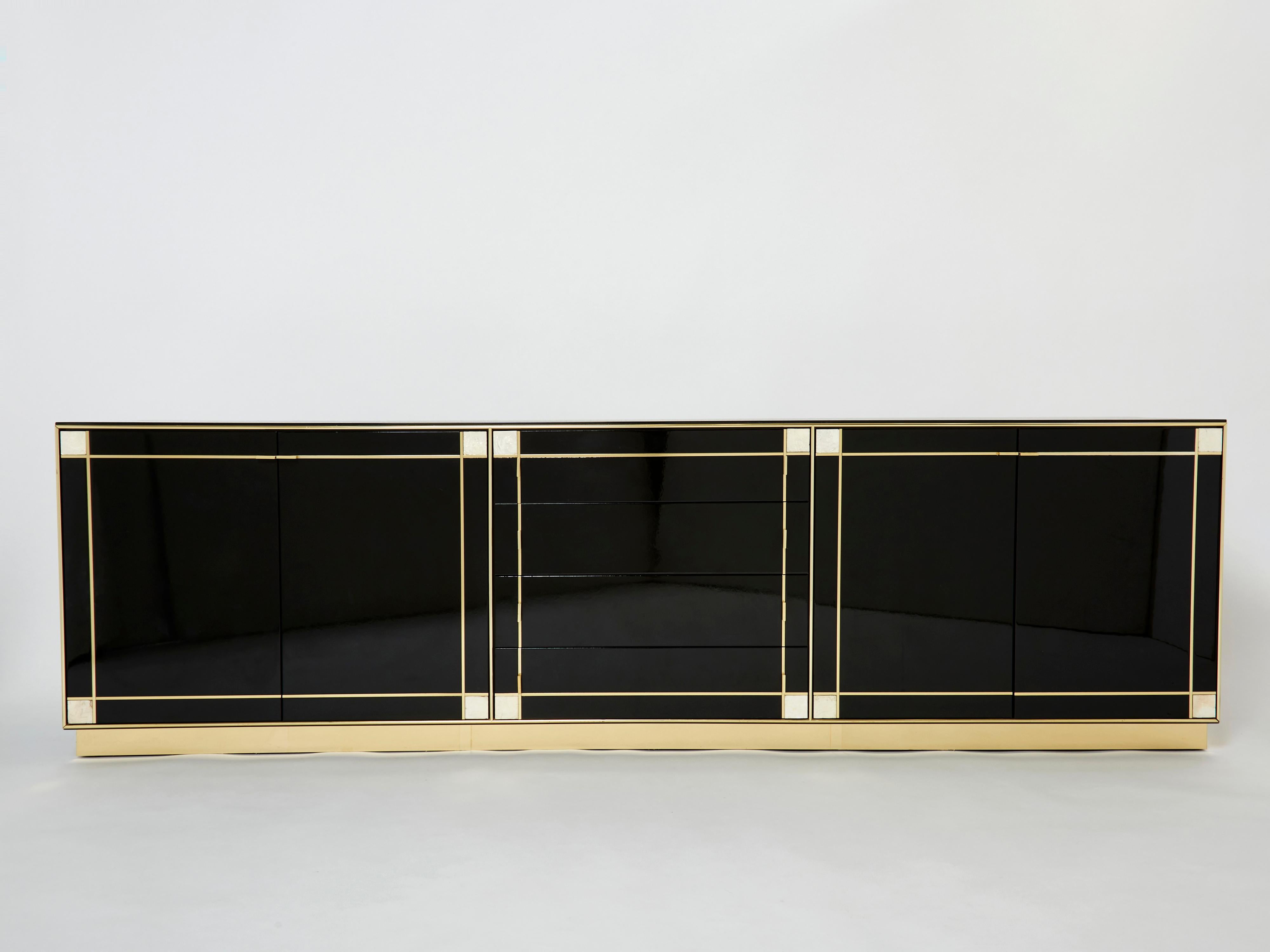 Pierre Cardin Sideboard Brass Black Lacquered Shell Inlays, 1980s For Sale 1