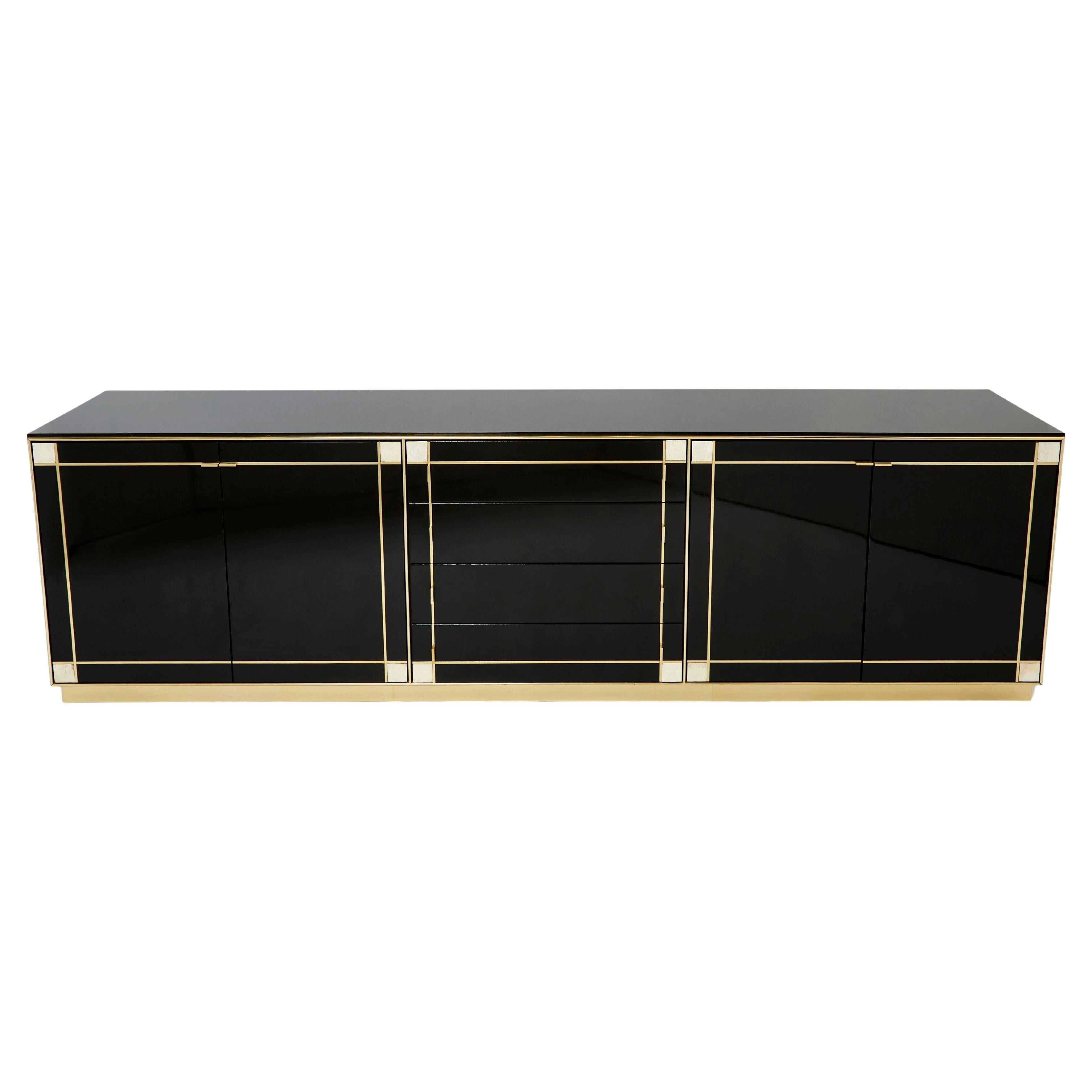 Pierre Cardin Sideboard Brass Black Lacquered Shell Inlays, 1980s