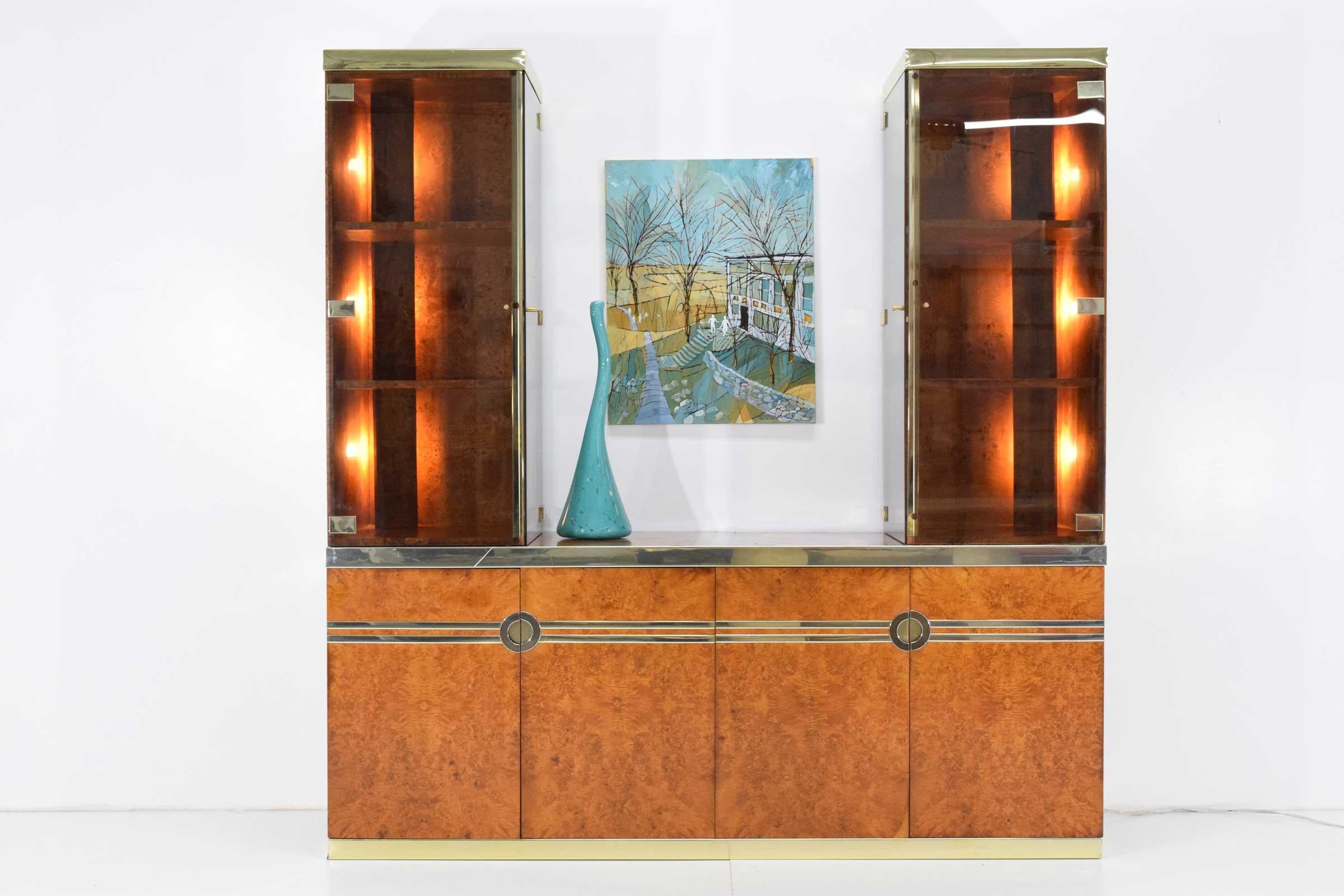 Mid-Century Modern Pierre Cardin Signed Burl Wood Sideboard with Two Tower Cabinets, France, 1970s
