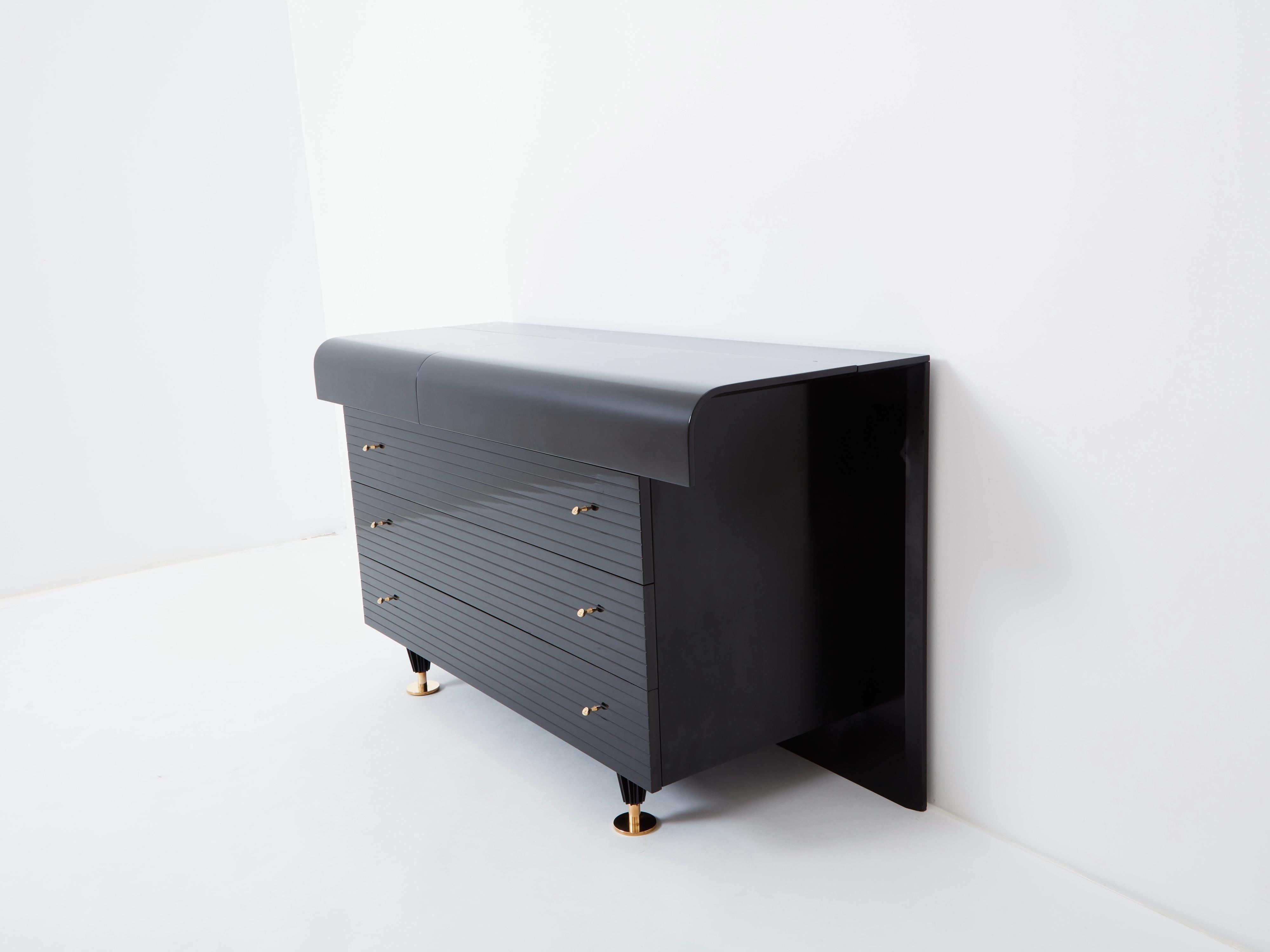 Mid-Century Modern Pierre Cardin signed commode black lacquered and brass 1980s For Sale