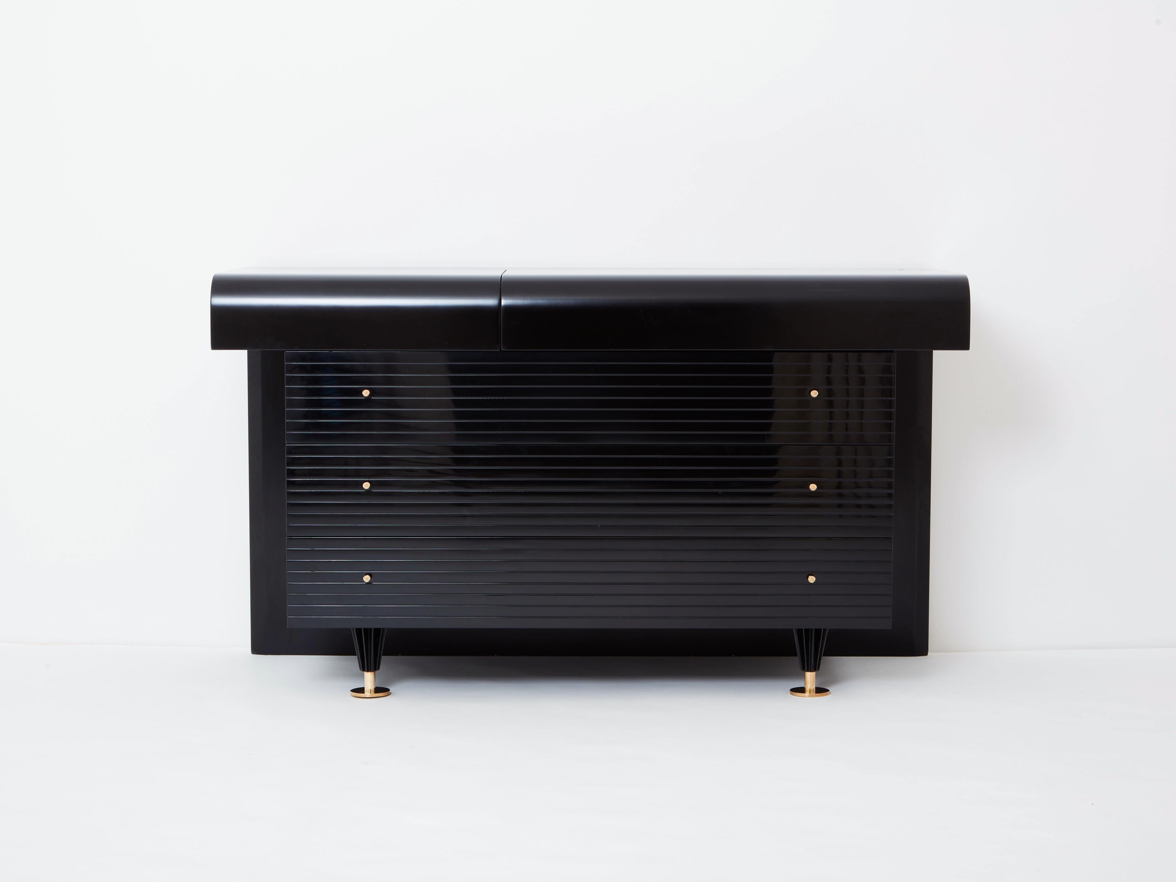 French Pierre Cardin signed commode black lacquered and brass 1980s For Sale