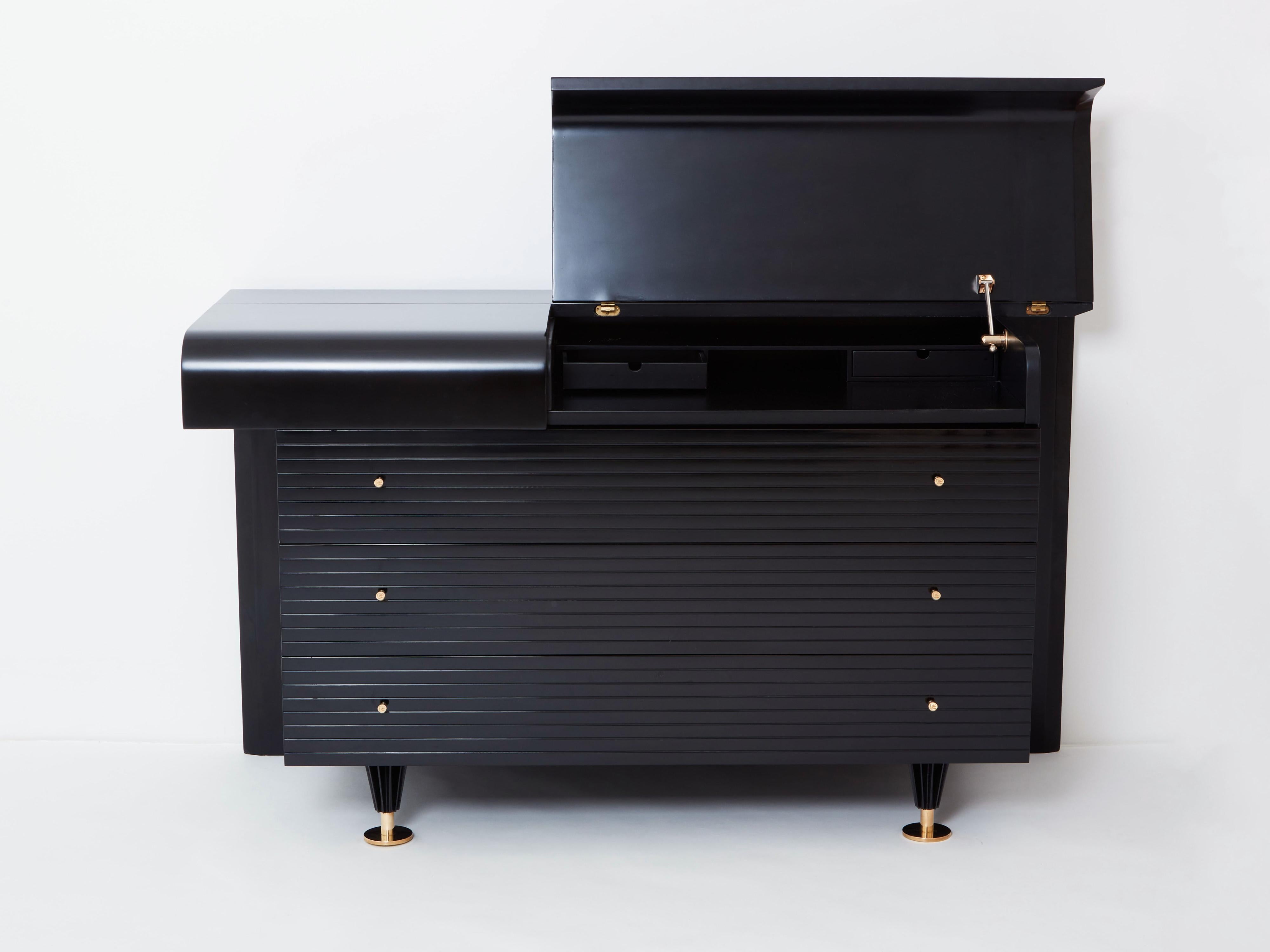 Brass Pierre Cardin signed commode black lacquered and brass 1980s For Sale