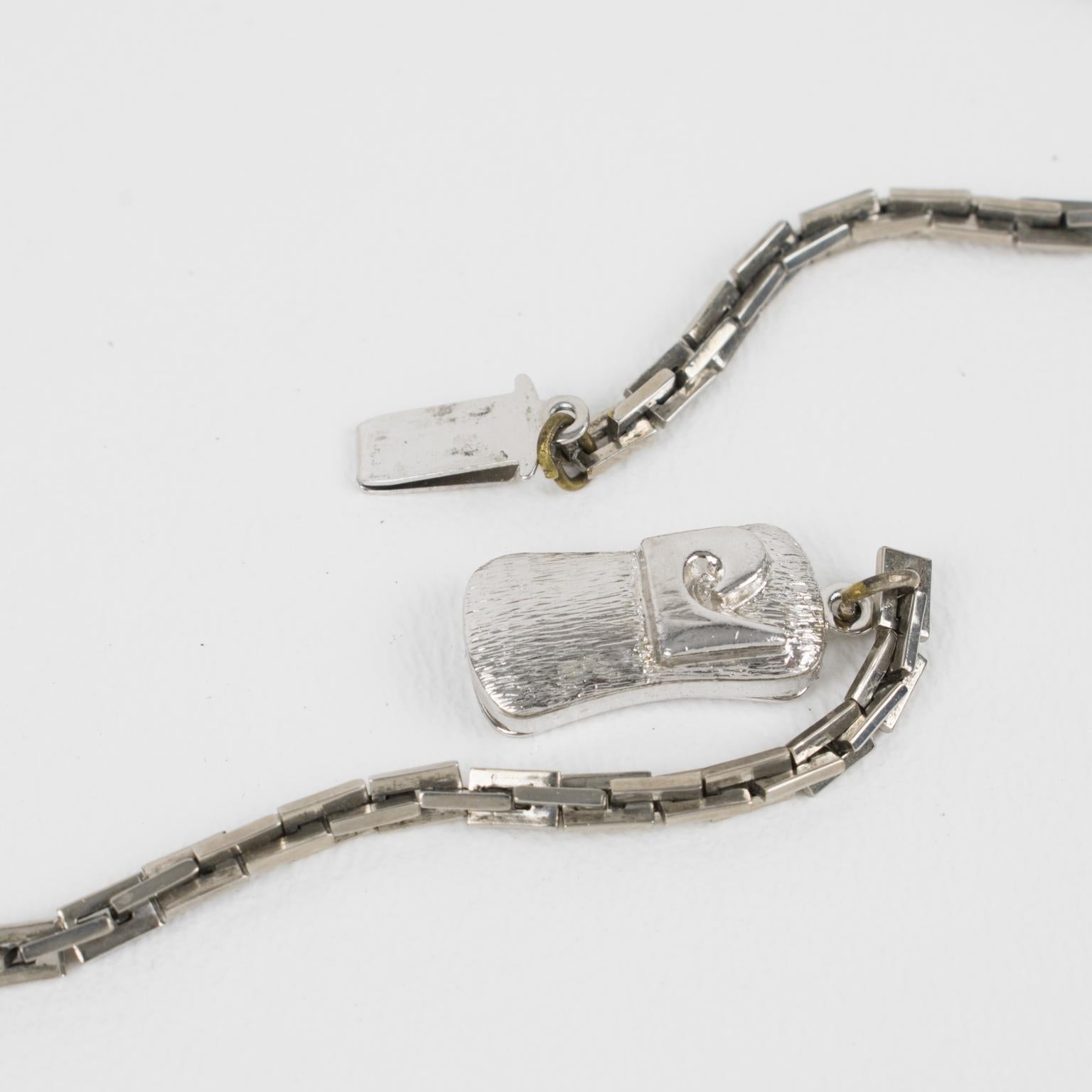 Pierre Cardin Space Age Modernist Silvered Chain Necklace with Resin Medallion 6