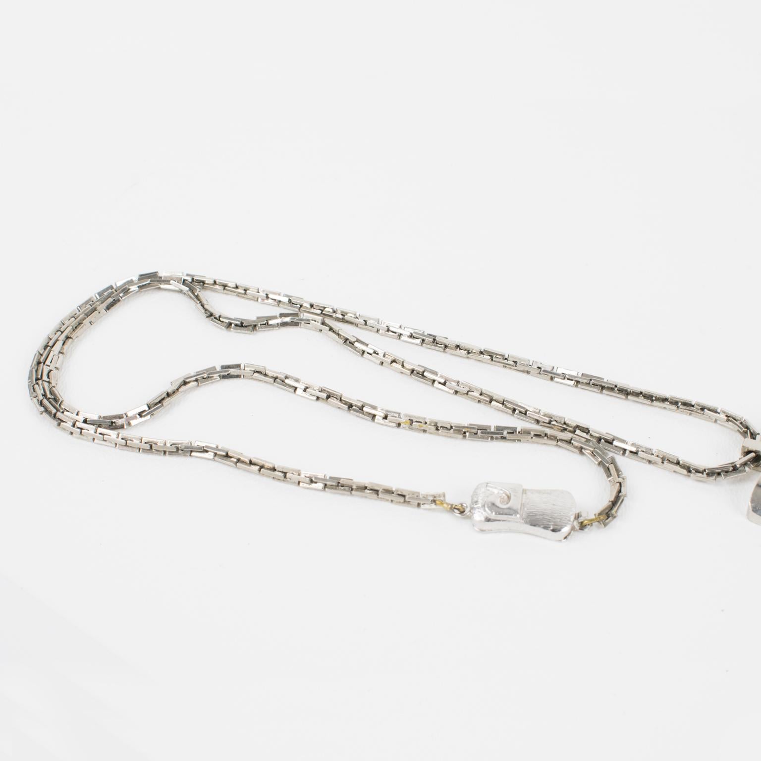 Pierre Cardin Space Age Modernist Silvered Chain Necklace with Resin Medallion 7