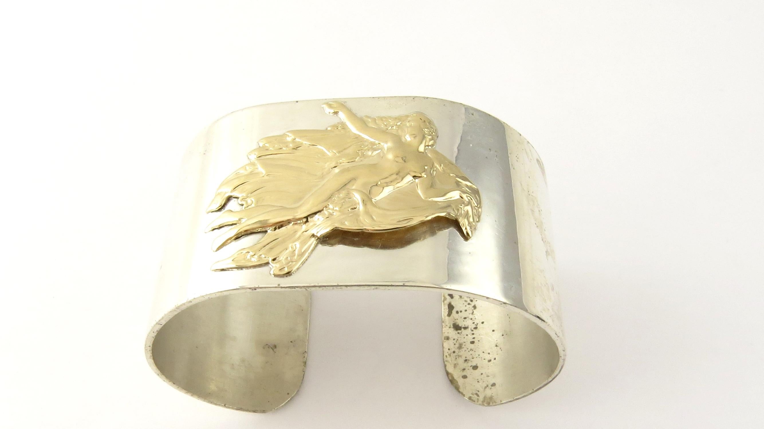 Pierre Cardin Sterling Silver and 14 Karat Gold Aphrodite Mermaid Cuff Bracelet In Good Condition In Washington Depot, CT