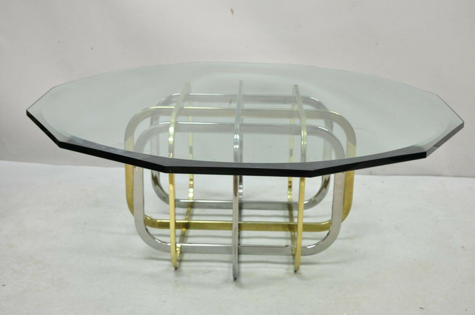 Mid-Century Modern Pierre Cardin Style Brass and Chrome Folding Metal Base Glass Top Coffee Table For Sale