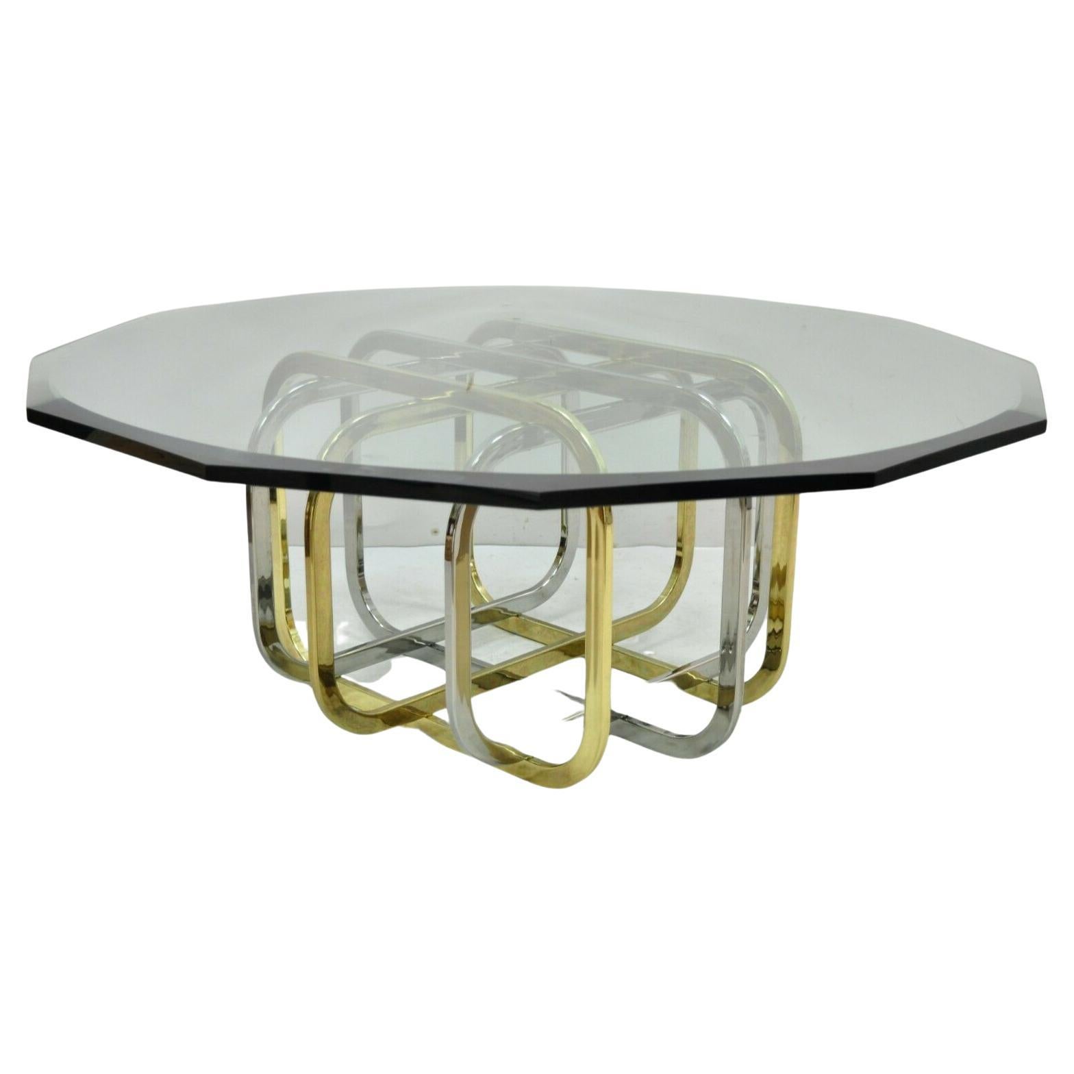 Pierre Cardin Style Brass and Chrome Folding Metal Base Glass Top Coffee Table For Sale