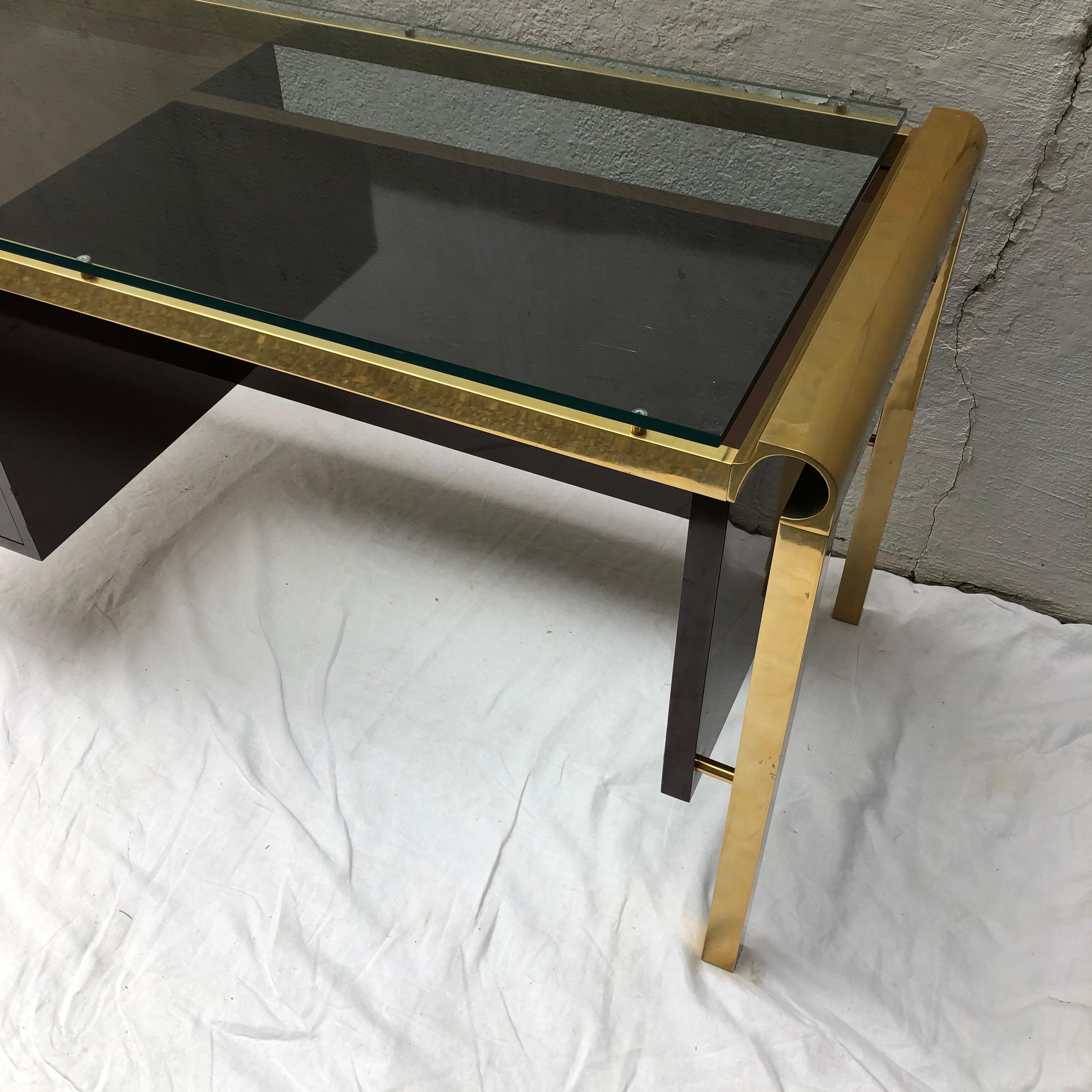 Pierre Cardin Style Brass and Lacquer Desk with Glass Top 2