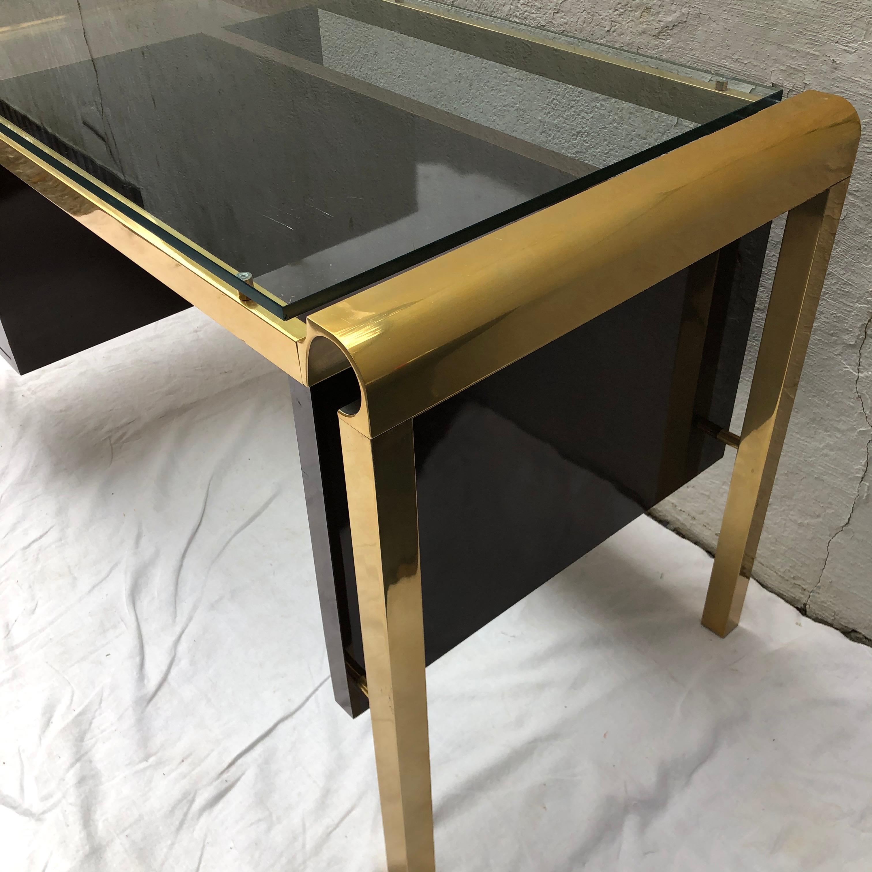Pierre Cardin Style Brass and Lacquer Desk with Glass Top 4