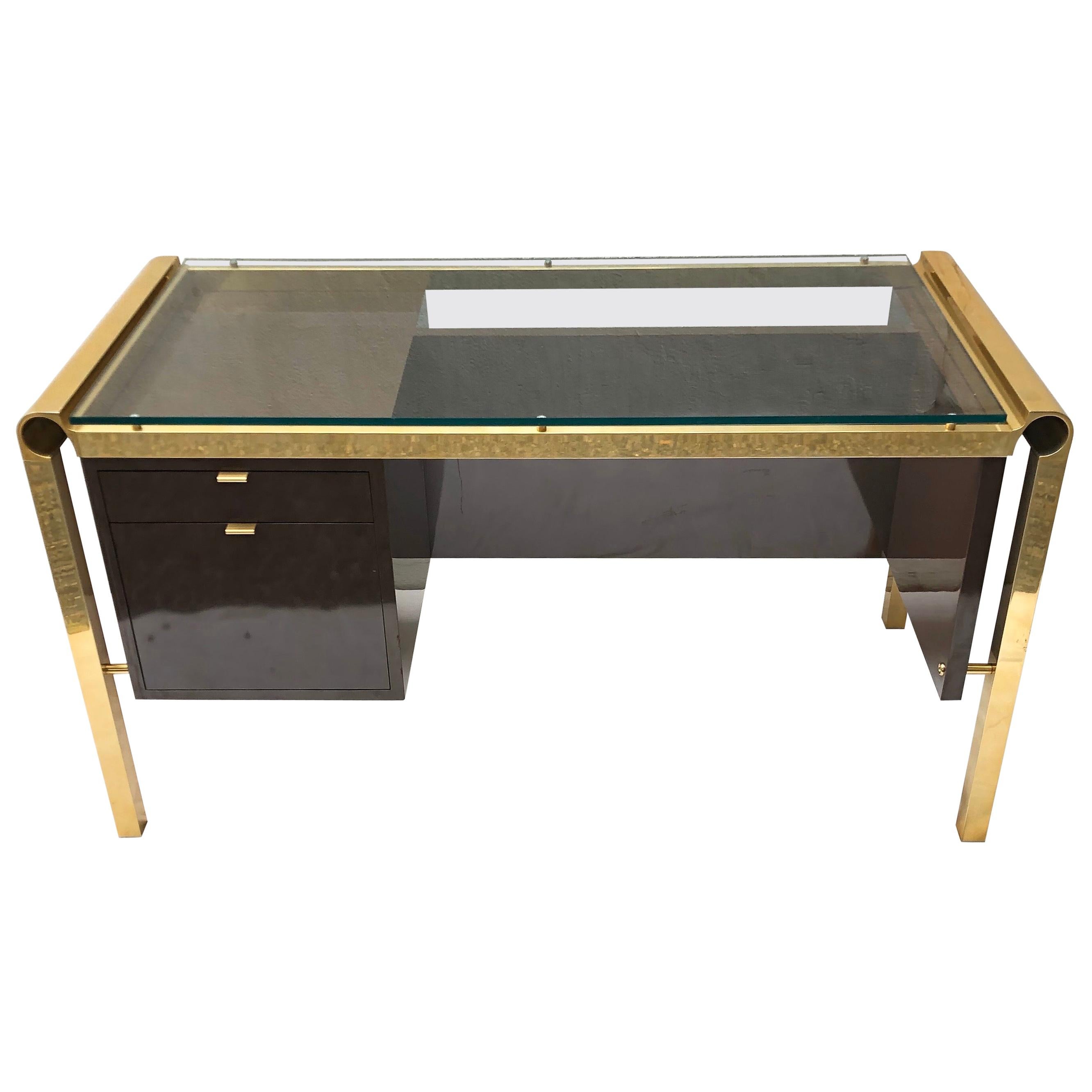 Pierre Cardin Style Brass and Lacquer Desk with Glass Top