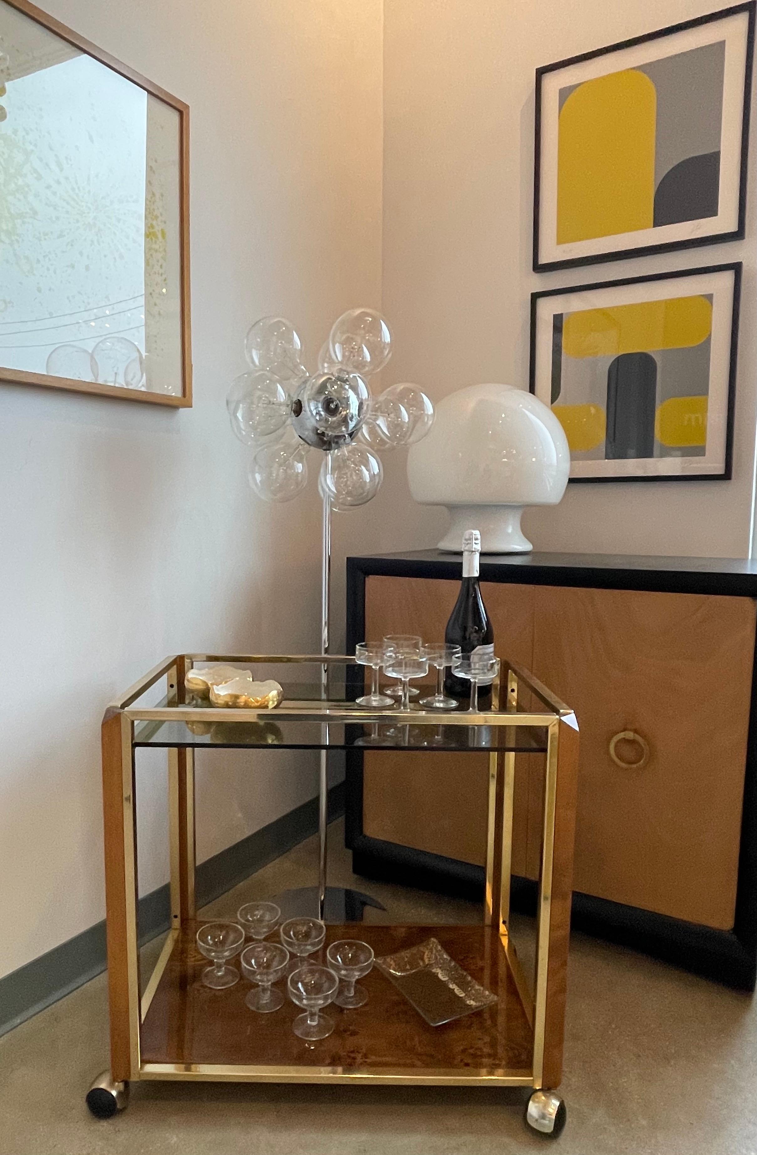 Pierre Cardin Style Brass, Glass & Lacquered Burl Veneer Bar Cart / Serving Cart For Sale 14