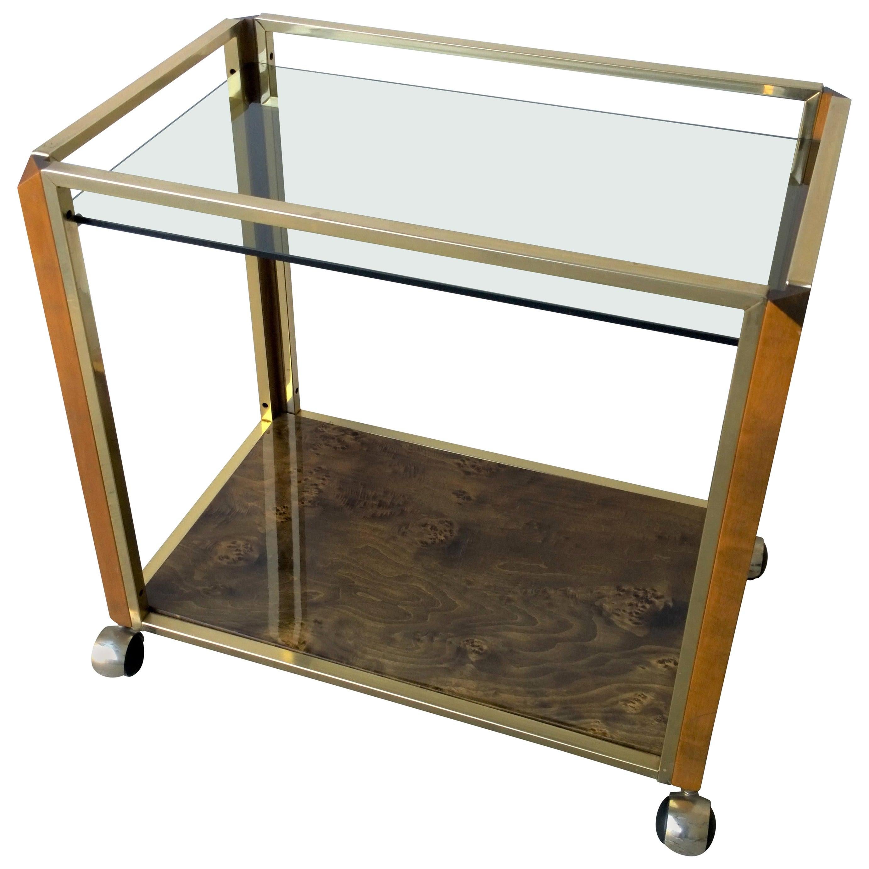 Pierre Cardin Style Brass, Glass & Lacquered Burl Veneer Bar Cart / Serving Cart For Sale