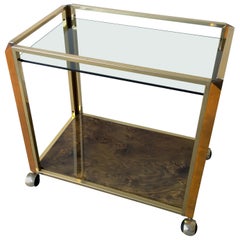 Pierre Cardin Style Brass, Glass & Lacquered Burl Veneer Bar Cart / Serving Cart