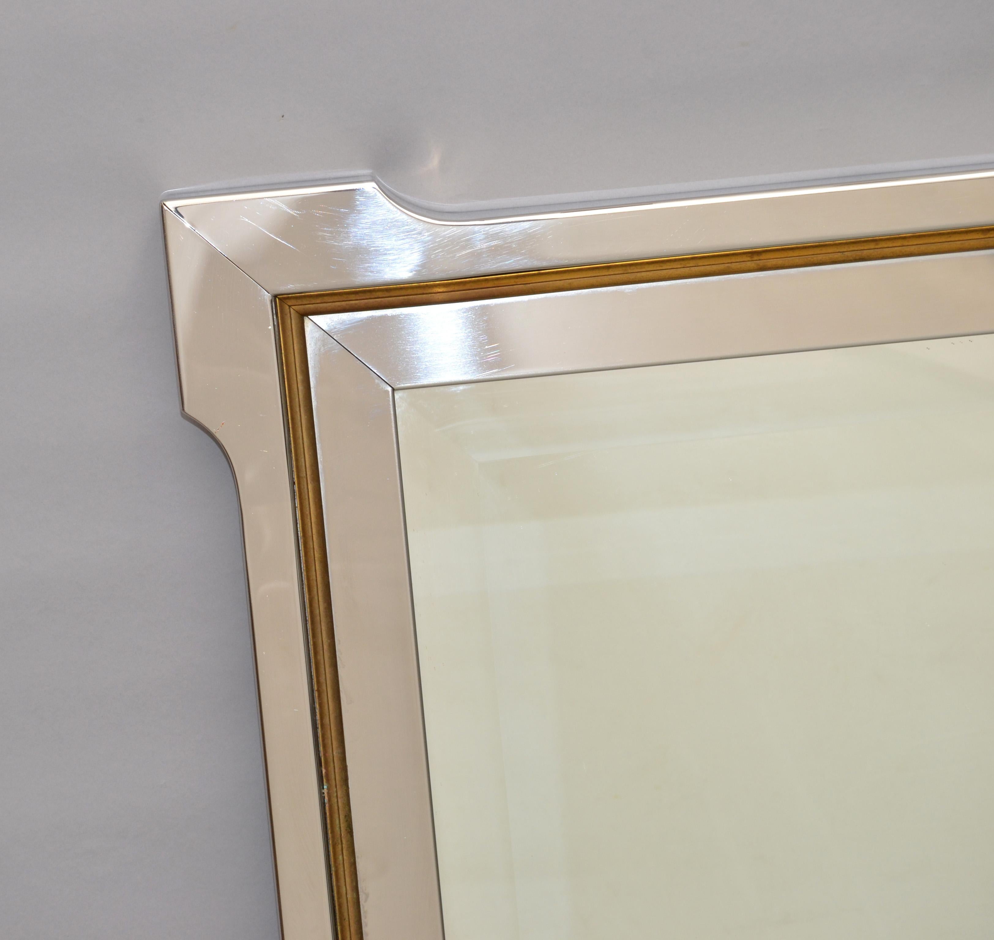 Pierre Cardin Style Mid-Century Modern Chrome, Brass & Wood beveled Wall Mirror  For Sale 5