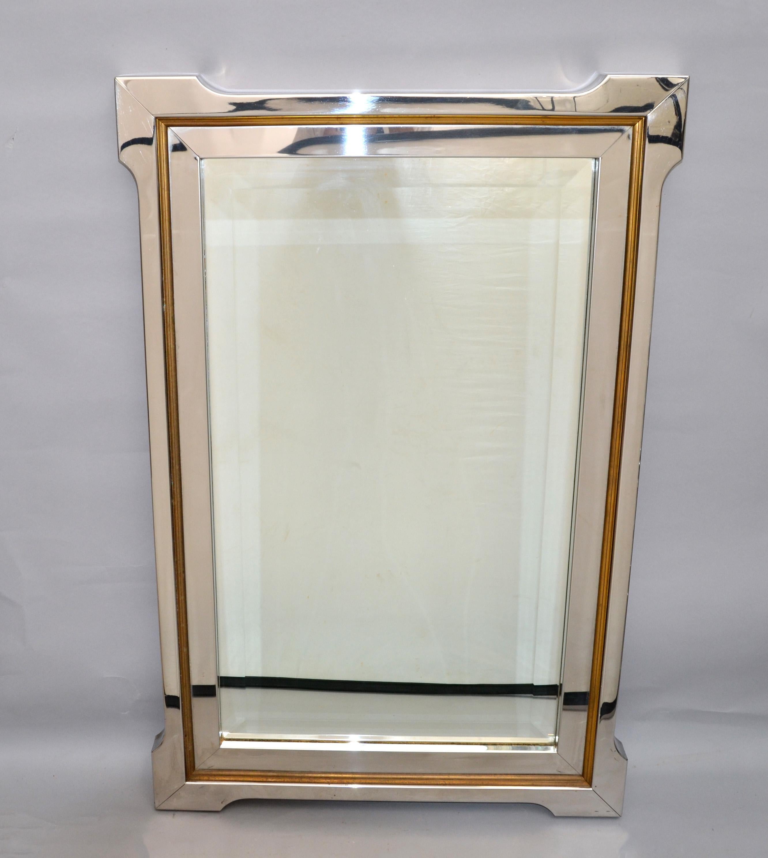 Pierre Cardin Style Mid-Century Modern Chrome, Brass & Wood beveled Wall Mirror  For Sale 8
