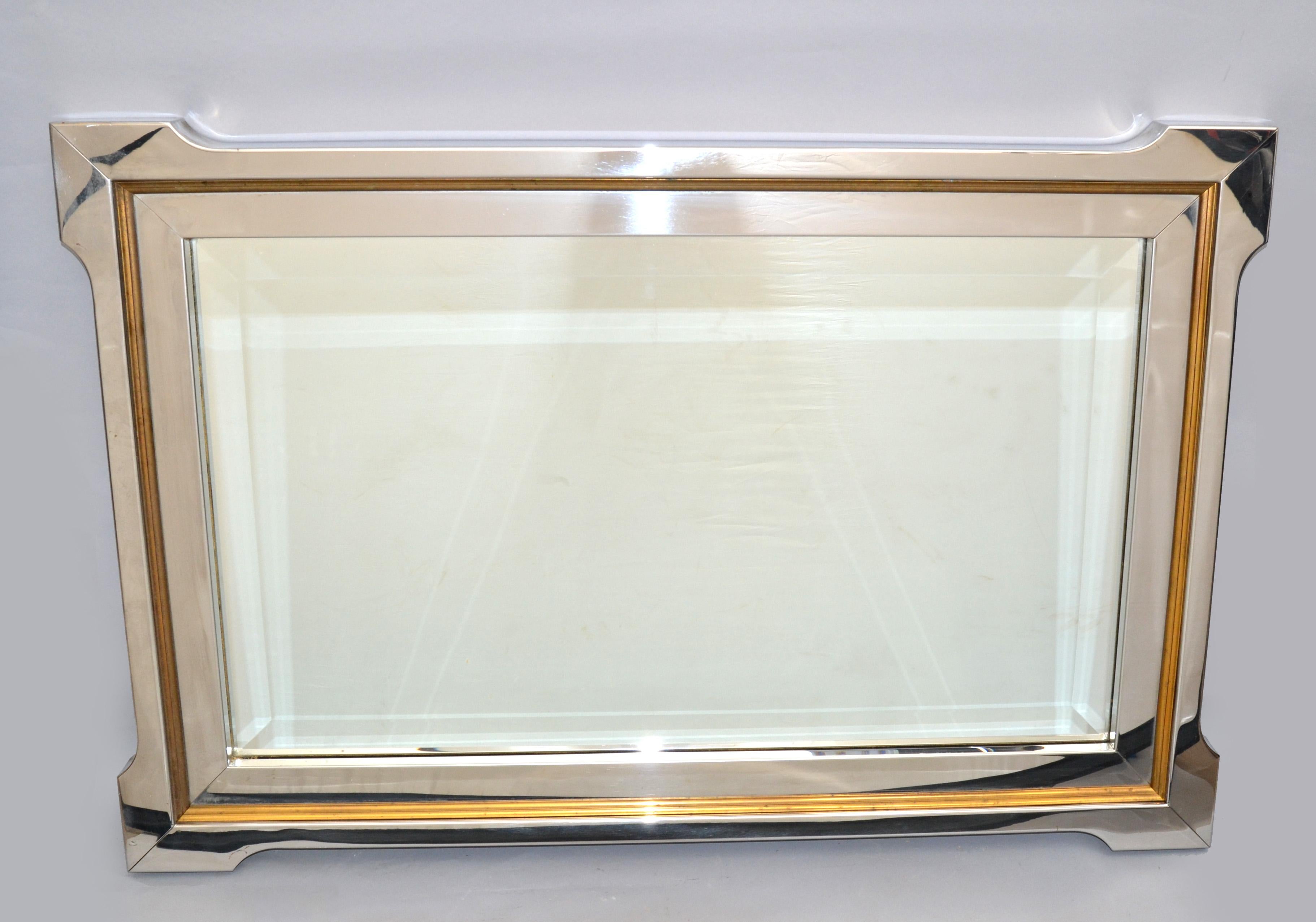 French Pierre Cardin Style Mid-Century Modern Chrome, Brass & Wood beveled Wall Mirror  For Sale