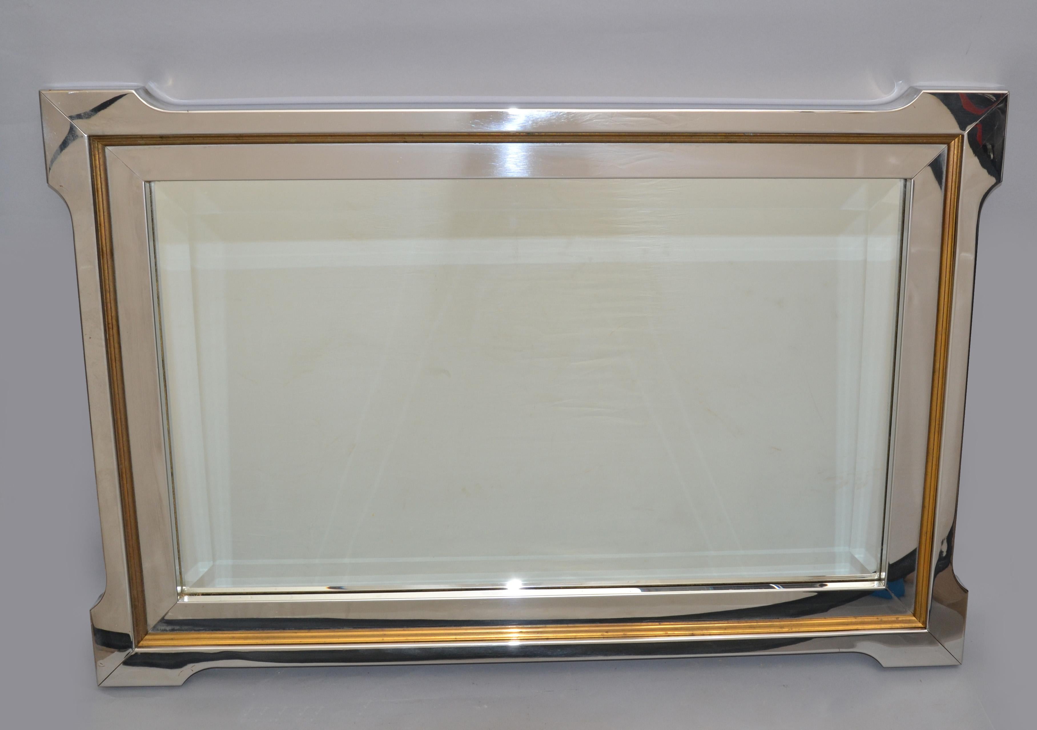 Pierre Cardin Style Mid-Century Modern Chrome, Brass & Wood beveled Wall Mirror  In Good Condition For Sale In Miami, FL