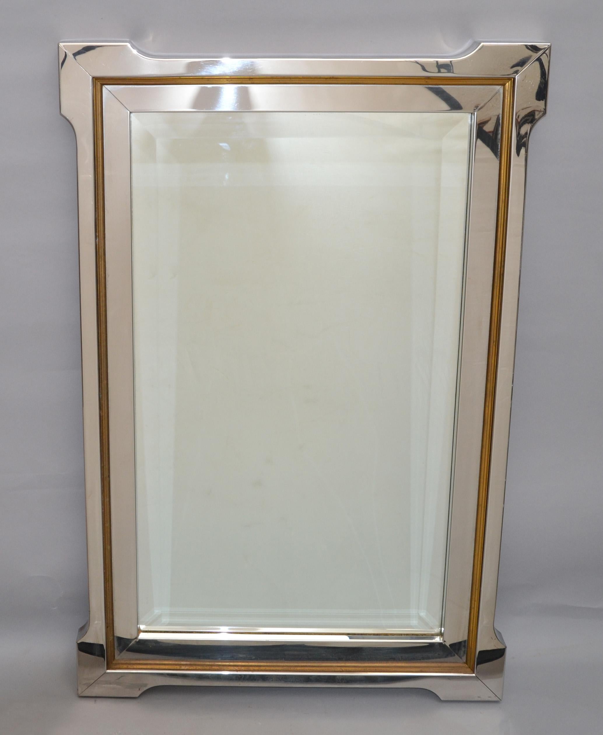 Pierre Cardin Style Mid-Century Modern Chrome, Brass & Wood beveled Wall Mirror  For Sale 1
