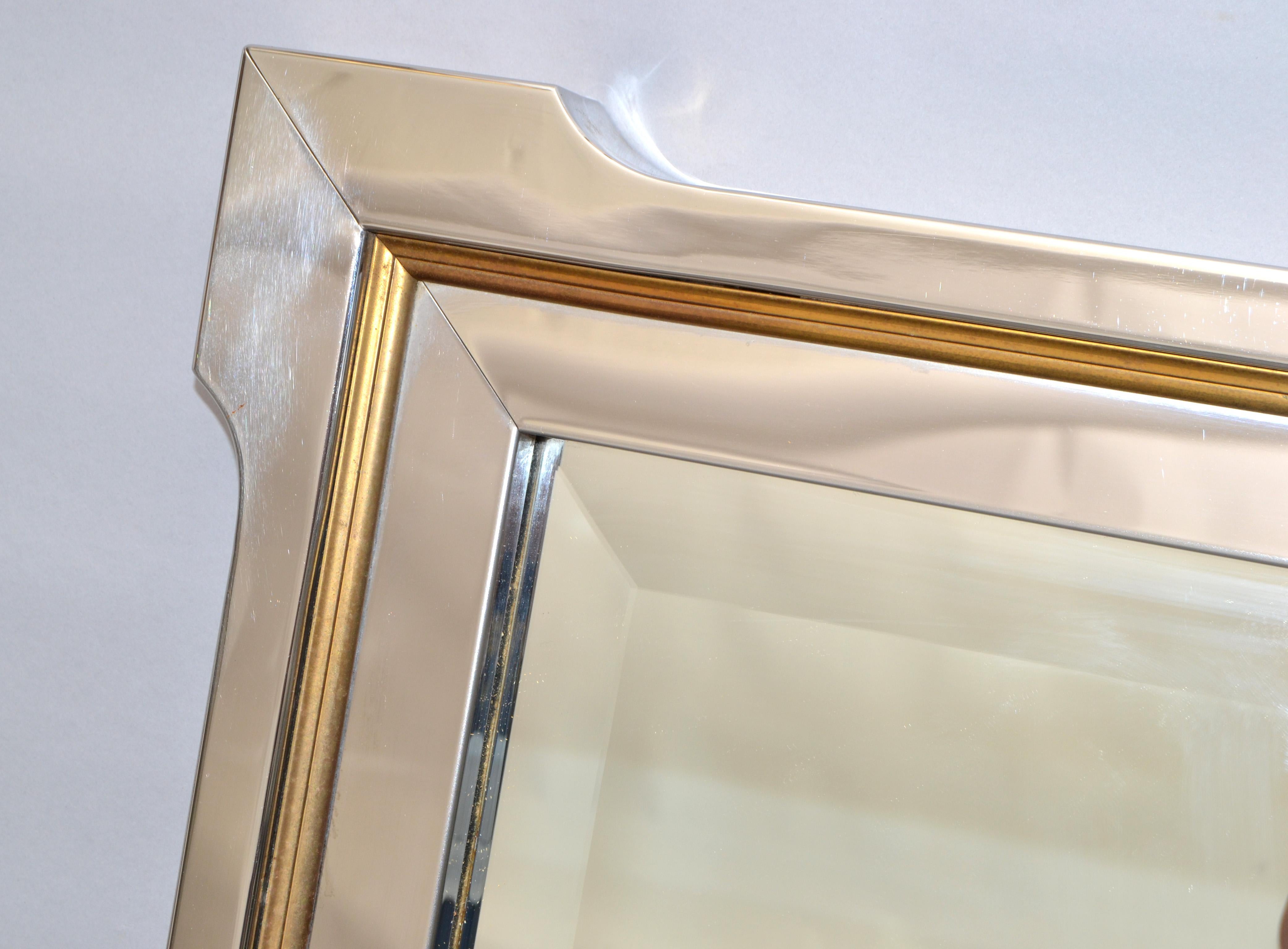 Pierre Cardin Style Mid-Century Modern Chrome, Brass & Wood beveled Wall Mirror  For Sale 3