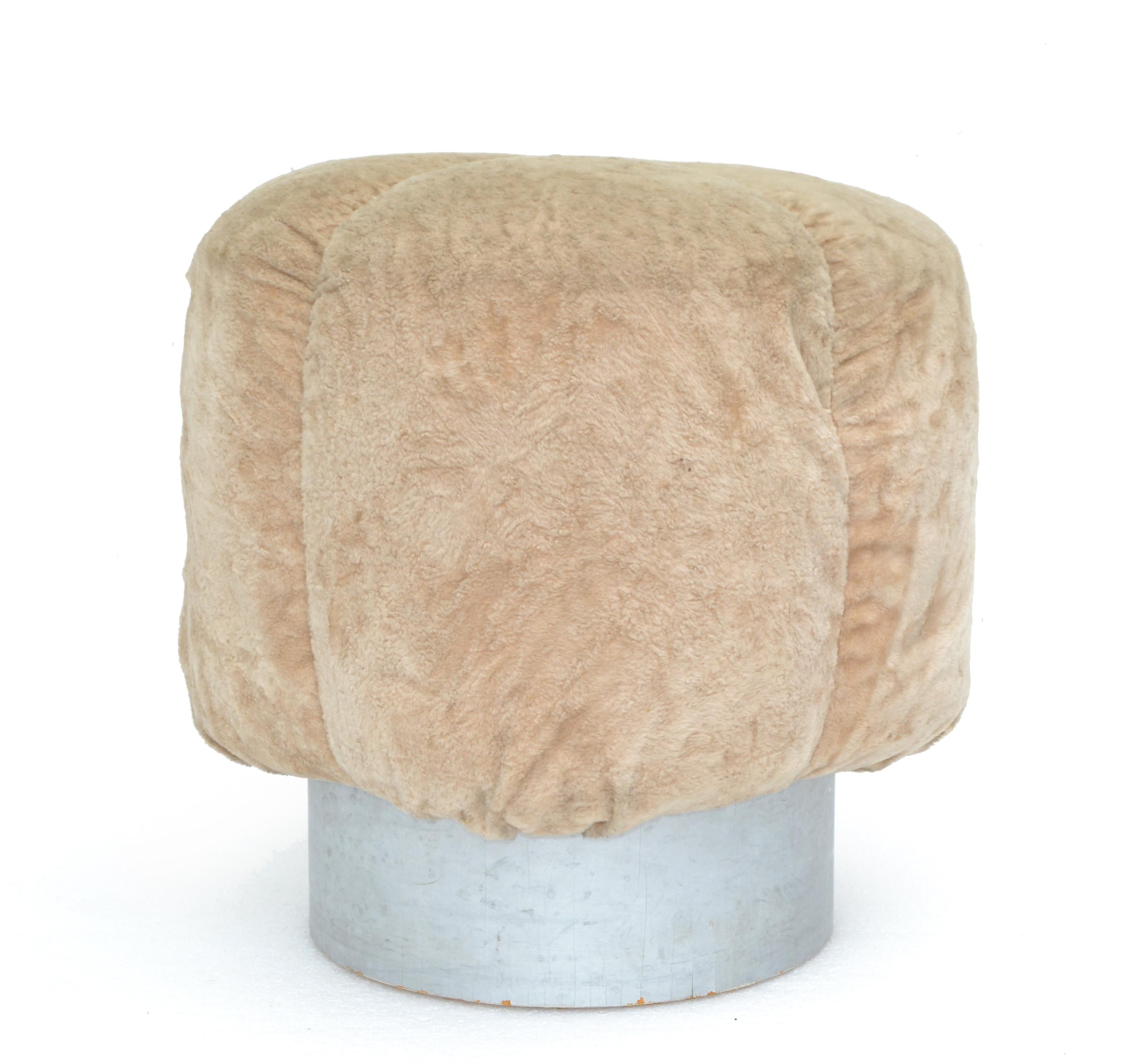 Late 20th Century Pierre Cardin Style Space Age 1970 French Stool Ottoman Pouf Silver Base, Plush