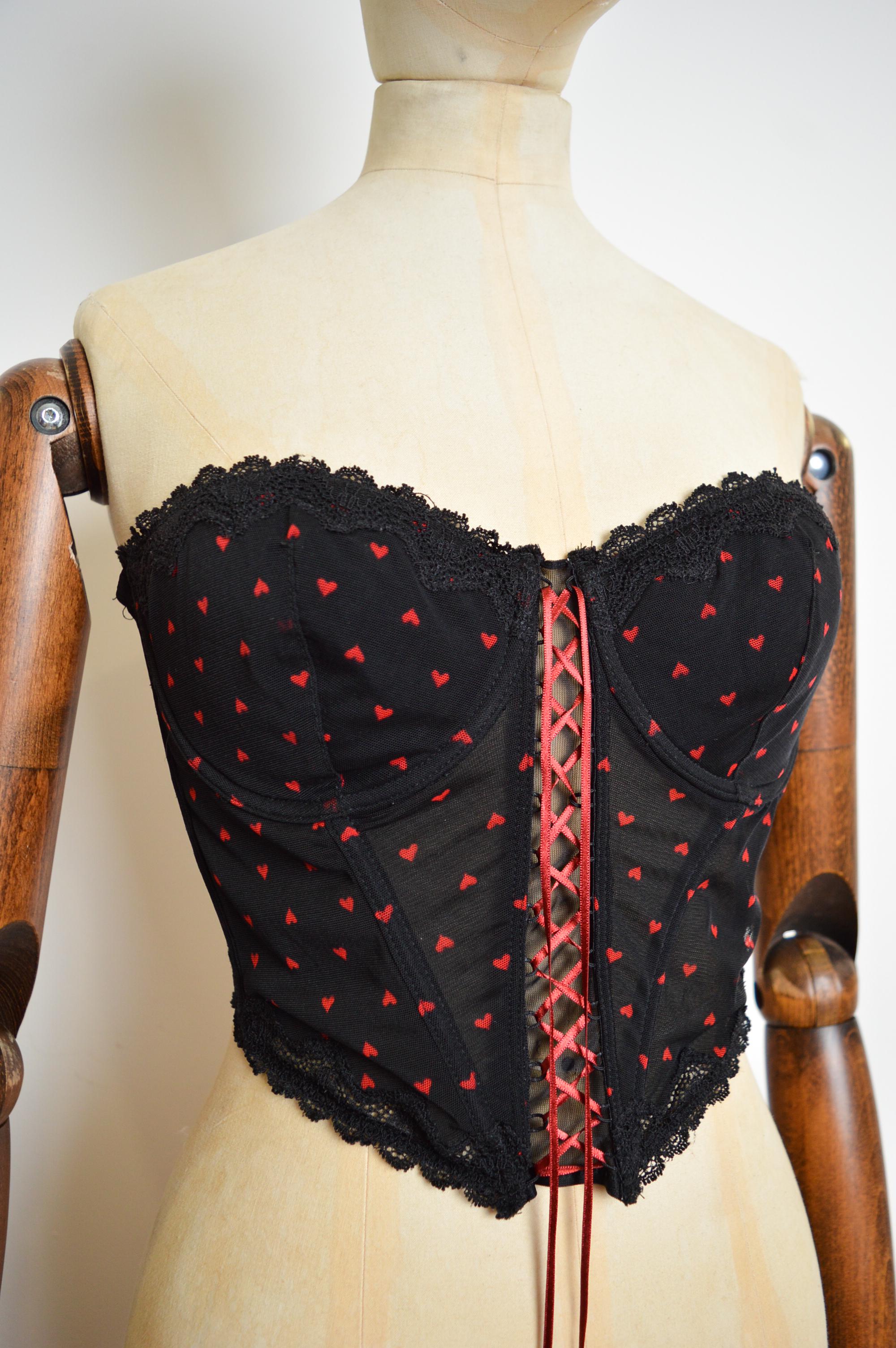 Beige Pierre Cardin Tiny Red heart Polka dot Vintage bustier - Black lace Corset For Sale