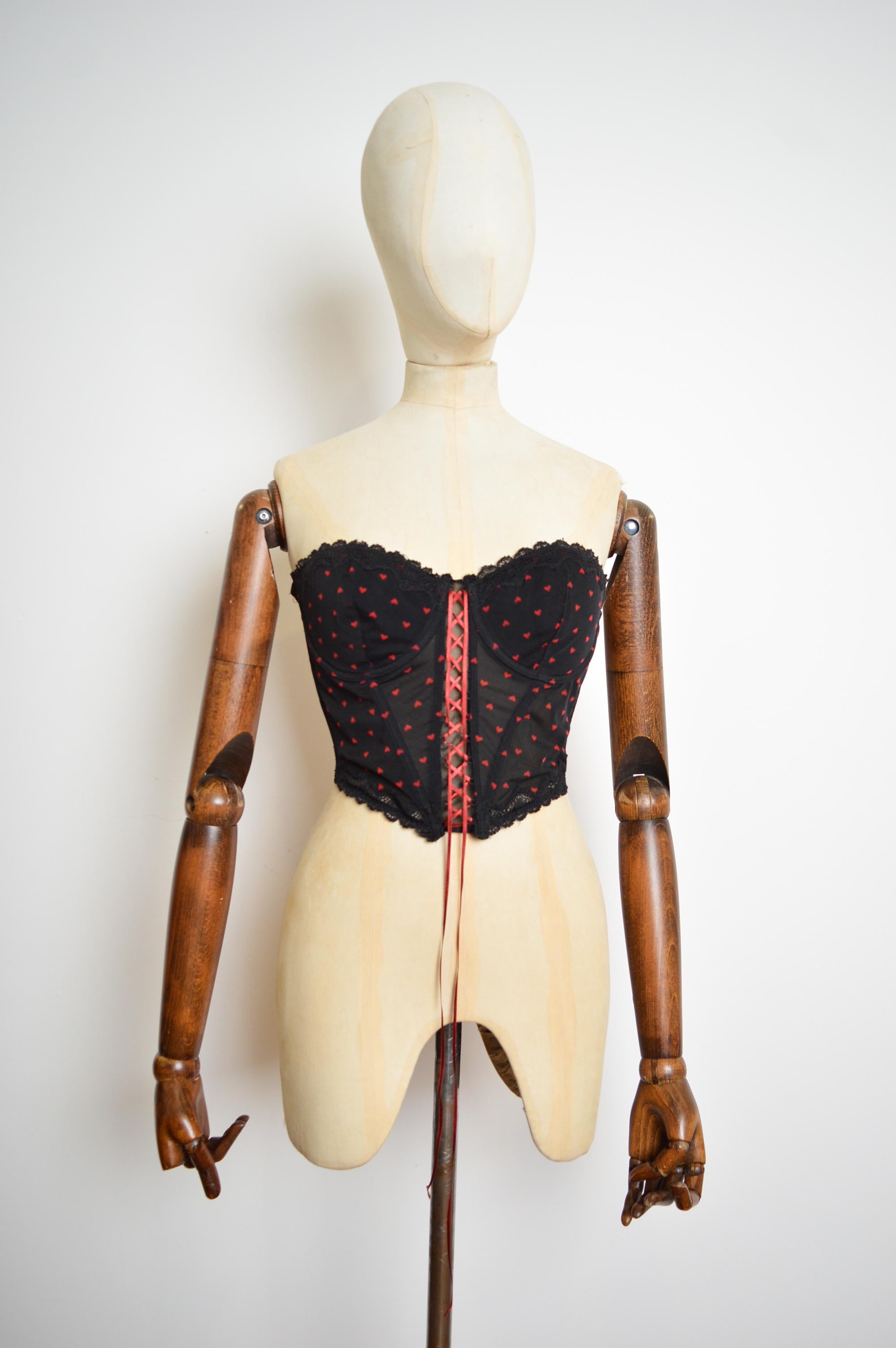 Women's Pierre Cardin Tiny Red heart Polka dot Vintage bustier - Black lace Corset For Sale