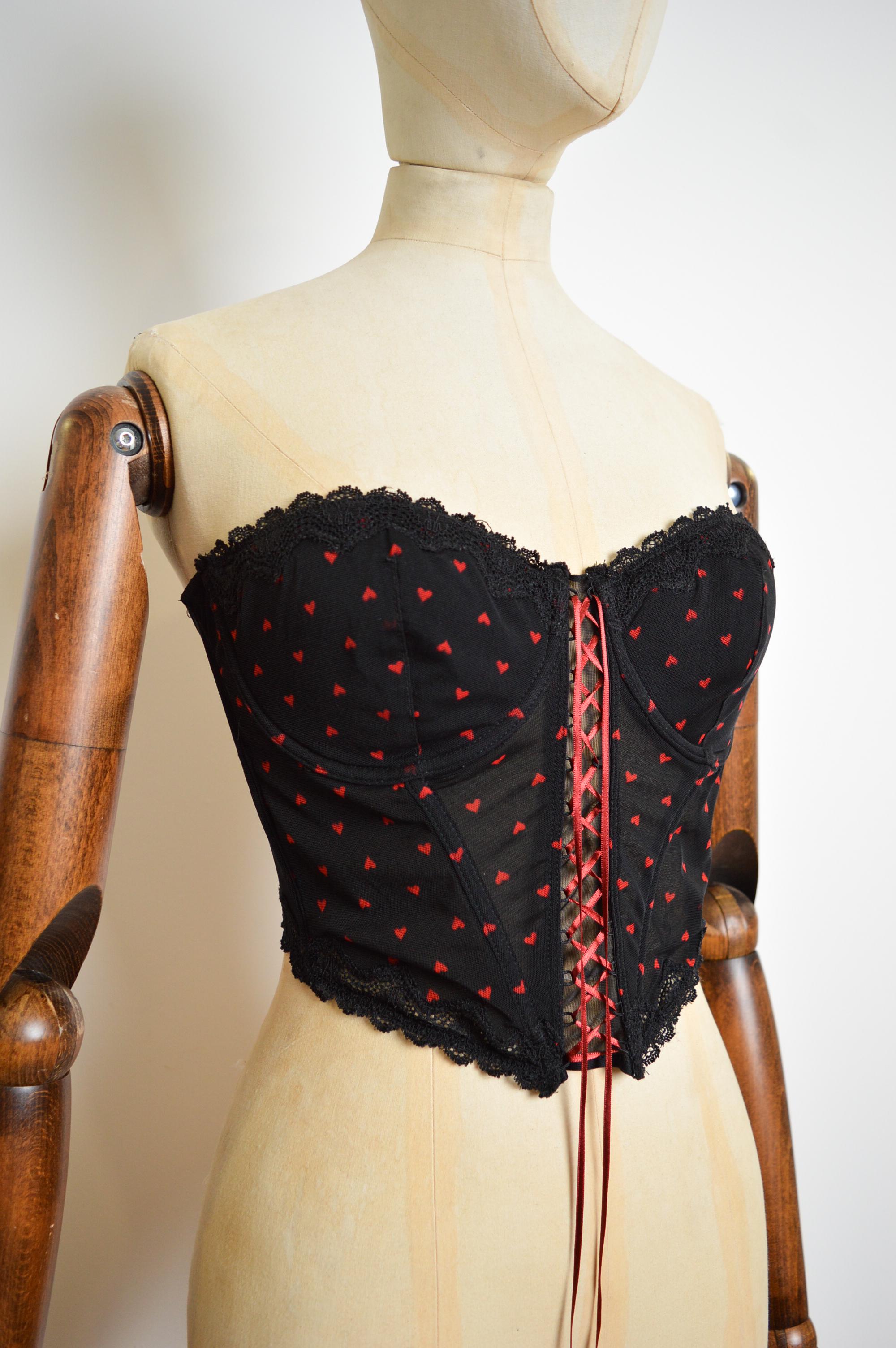 Pierre Cardin Tiny Red heart Polka dot Vintage bustier - Black lace Corset For Sale 1