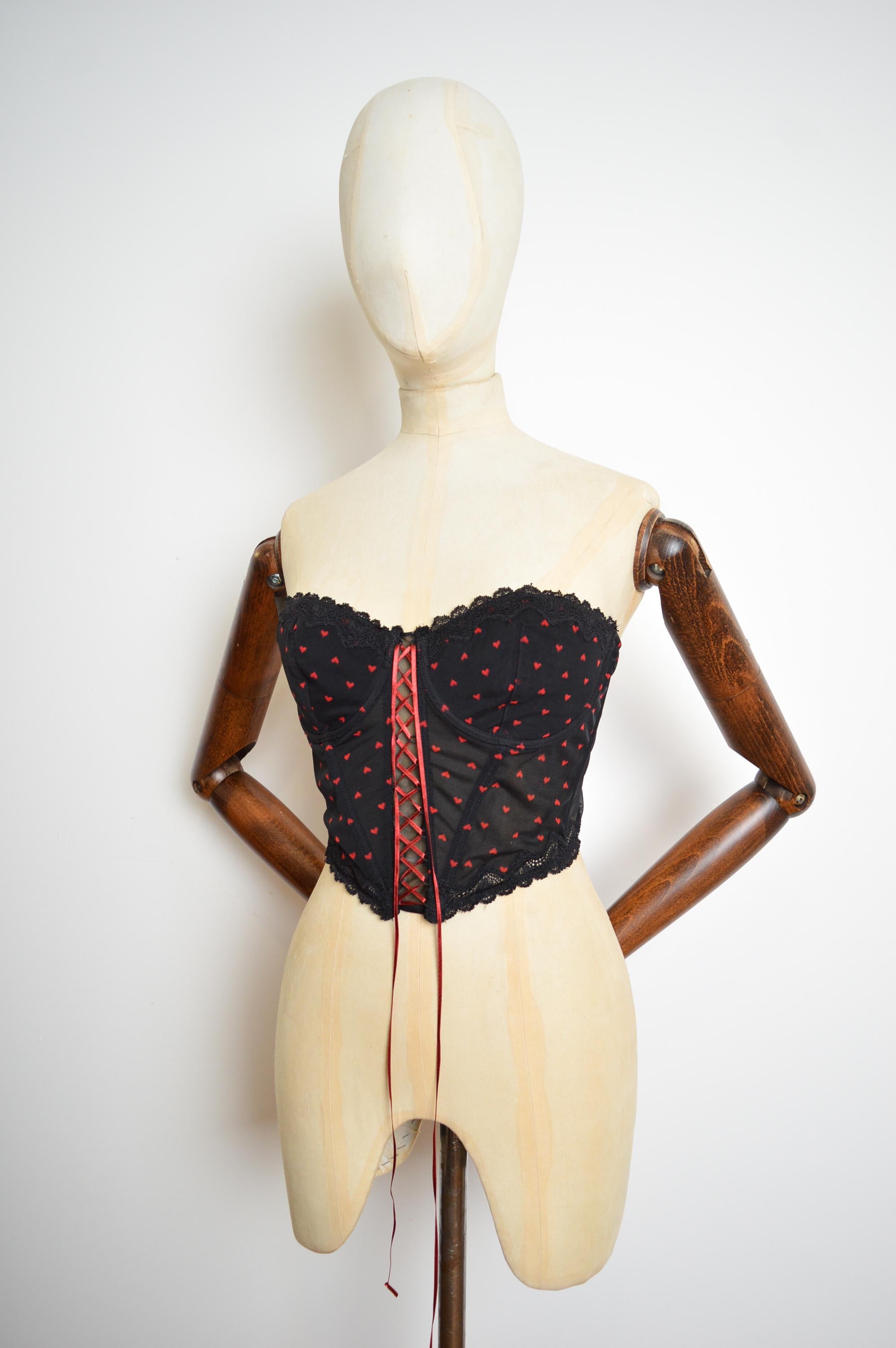 Pierre Cardin Tiny Red heart Polka dot Vintage bustier - Black lace Corset For Sale 4