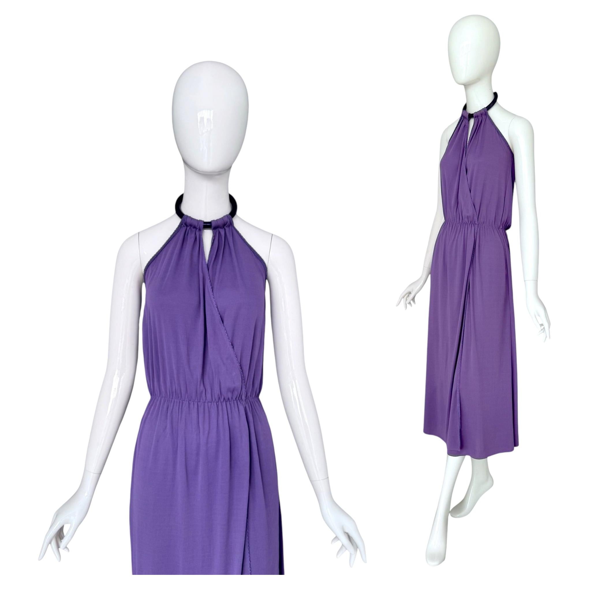 Pierre Cardin Vintage 1970s Lavender Viscose Attached Necklace Halter Dress.