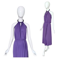 Pierre Cardin Vintage 1970s Lavender Viscose Attached Necklace Halter Dress.