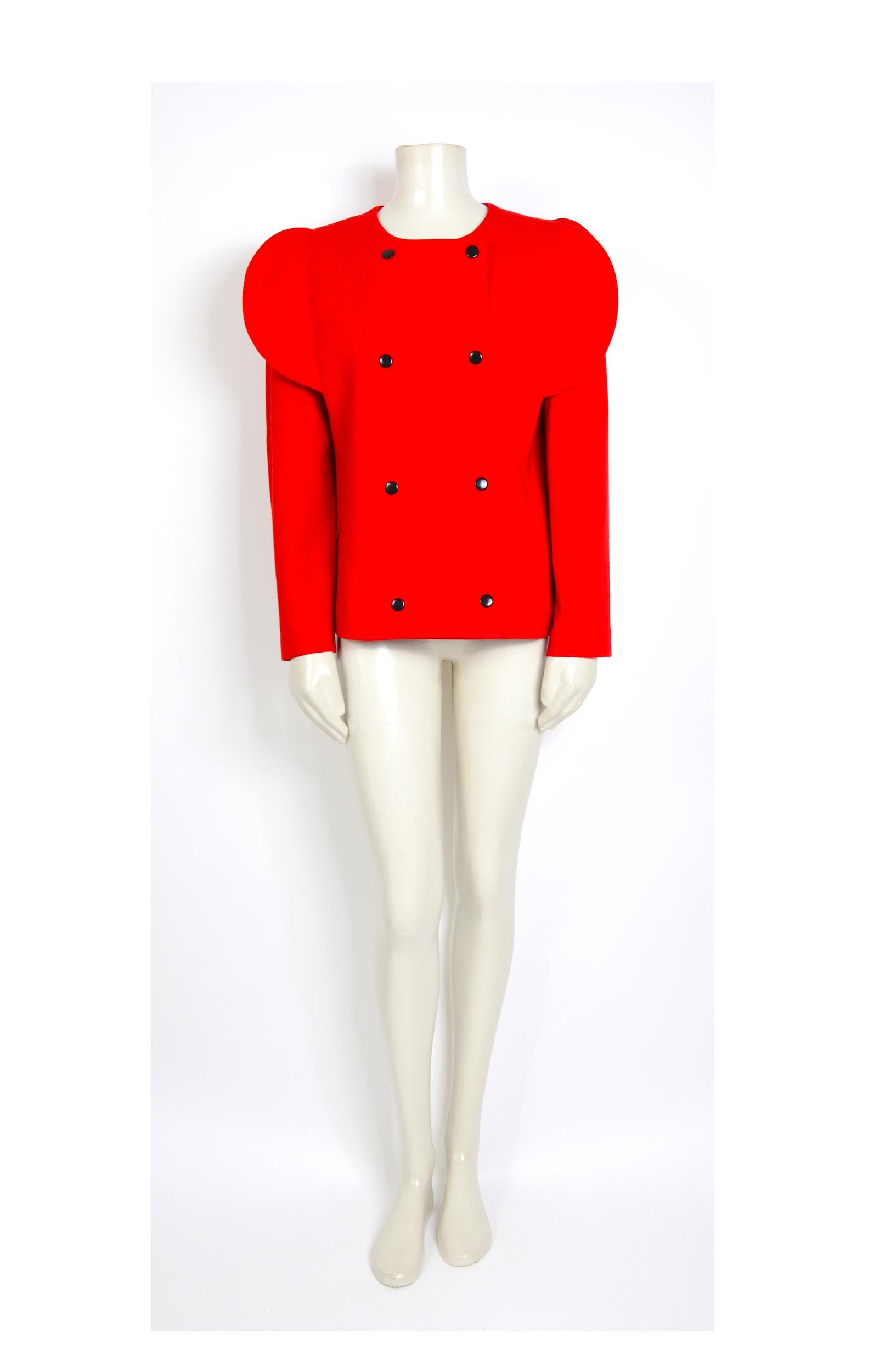 Pierre Cardin scalloped-edge red wool mix jacket from the designer’s spring/summer 1993 couture show in Paris. 
French size 40
Measurements that are taken flat:
Sh to Sh 18inch/46cm - Ua to Ua 21inch/53cm(x2) - Waist 18,5/47cm(x2) - SL 23inch/59cm -