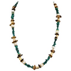 Pierre Cardin Vintage Necklace Long Tiger Eye Pearls Machelite Green