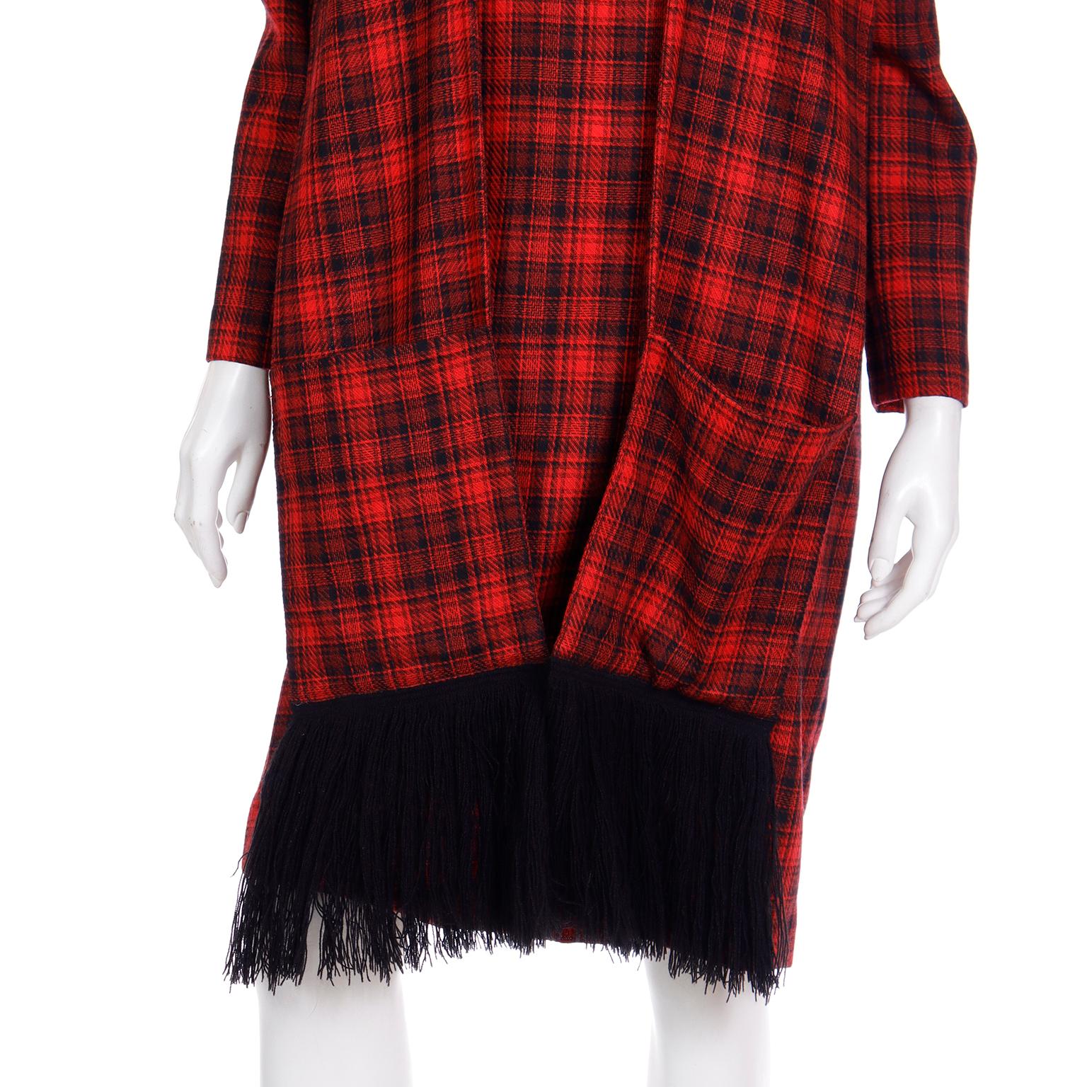 Pierre Cardin Vintage Red Plaid Dress With Long Scarf w Fringe & Pockets For Sale 6