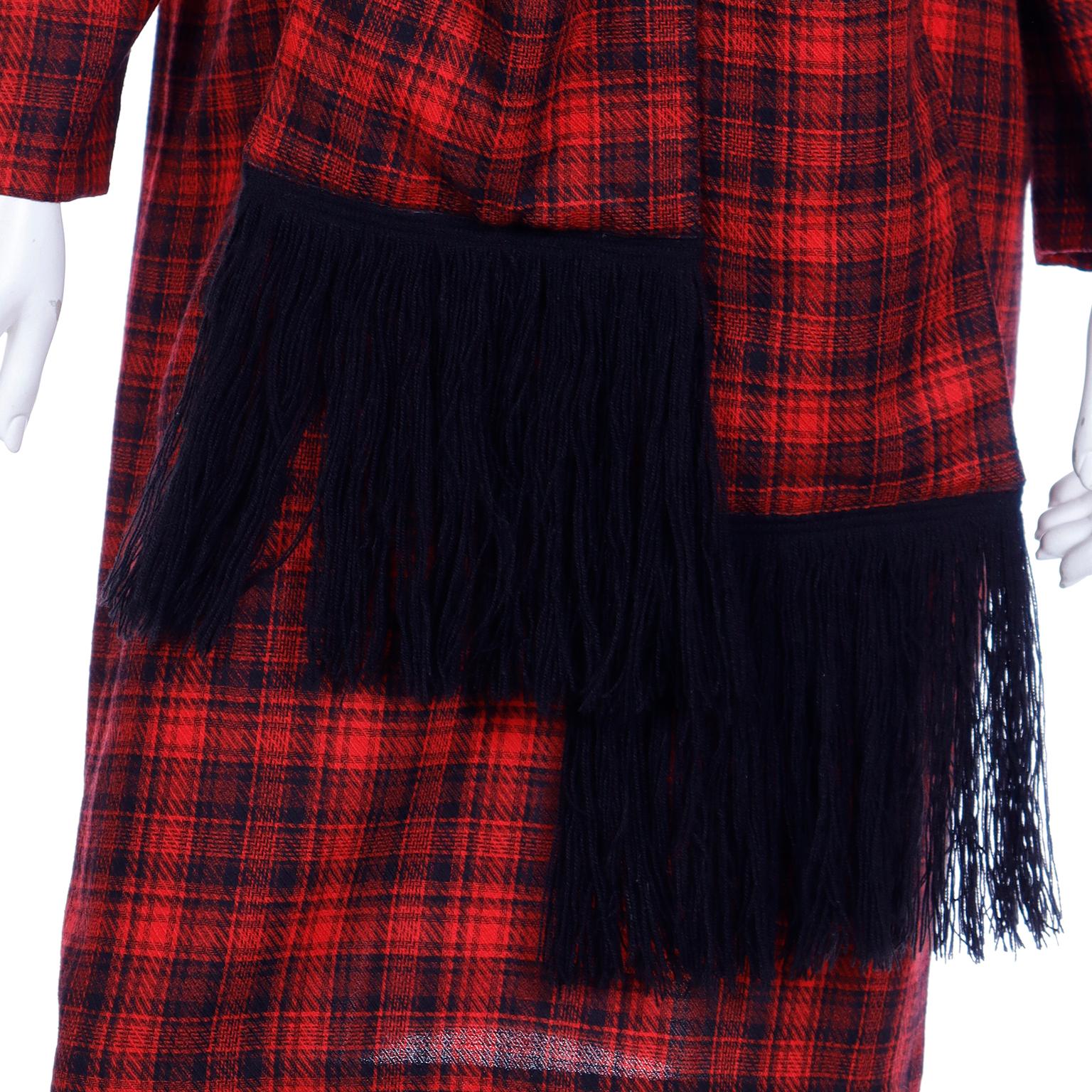 Pierre Cardin Vintage Red Plaid Dress With Long Scarf w Fringe & Pockets For Sale 7