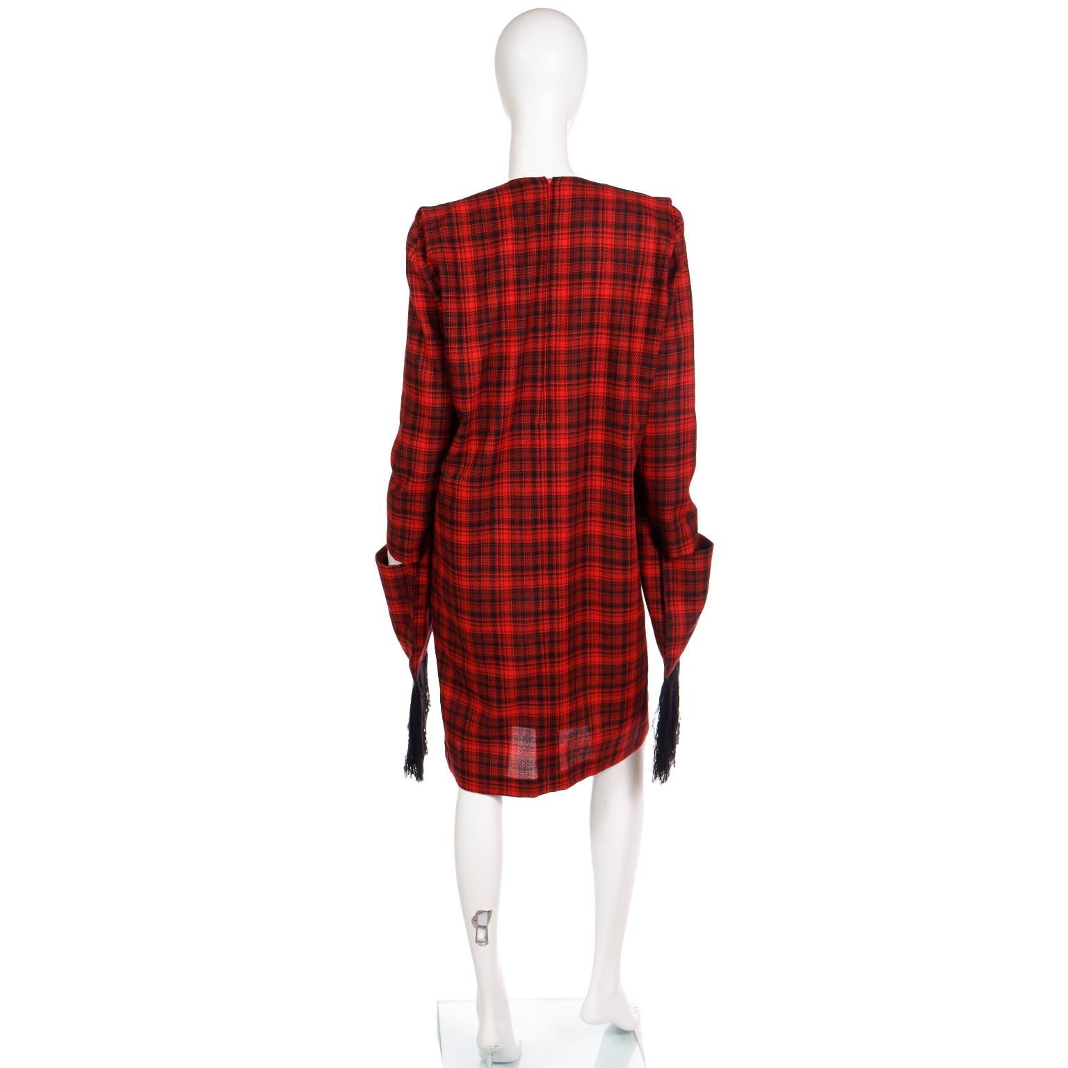 Women's Pierre Cardin Vintage Red Plaid Dress With Long Scarf w Fringe & Pockets For Sale