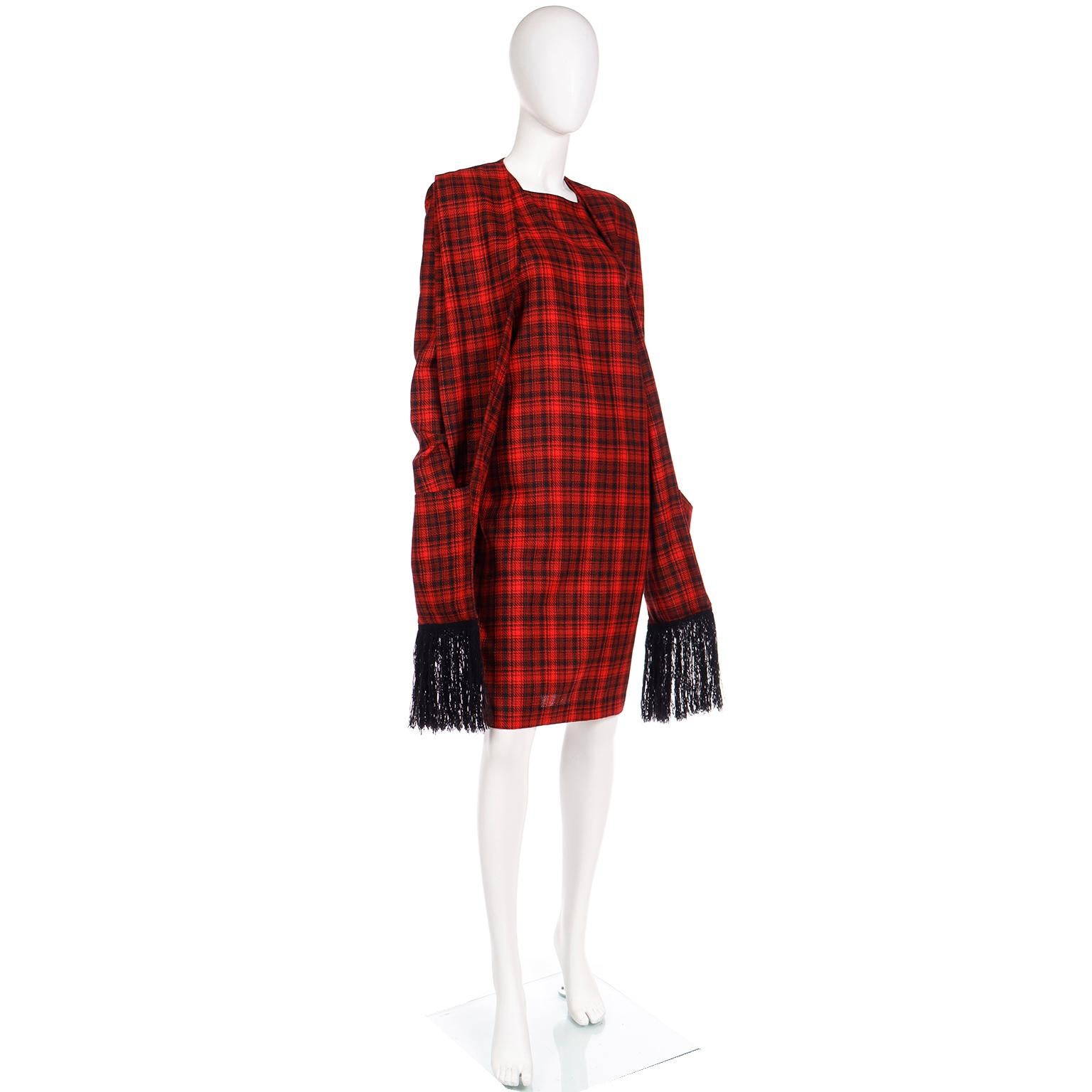 Pierre Cardin Vintage Red Plaid Dress With Long Scarf w Fringe & Pockets For Sale 1