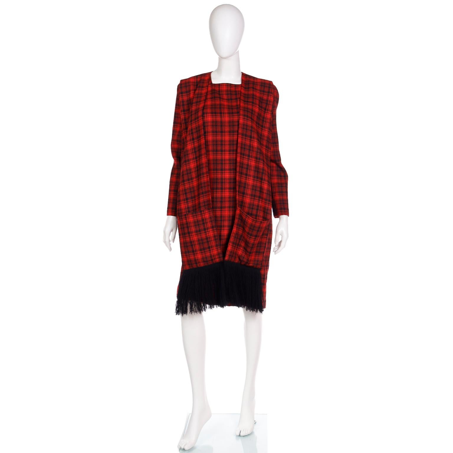 Pierre Cardin Vintage Red Plaid Dress With Long Scarf w Fringe & Pockets For Sale 2