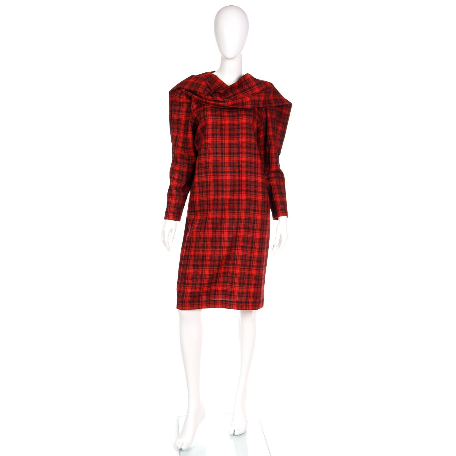Pierre Cardin Vintage Red Plaid Dress With Long Scarf w Fringe & Pockets For Sale 3