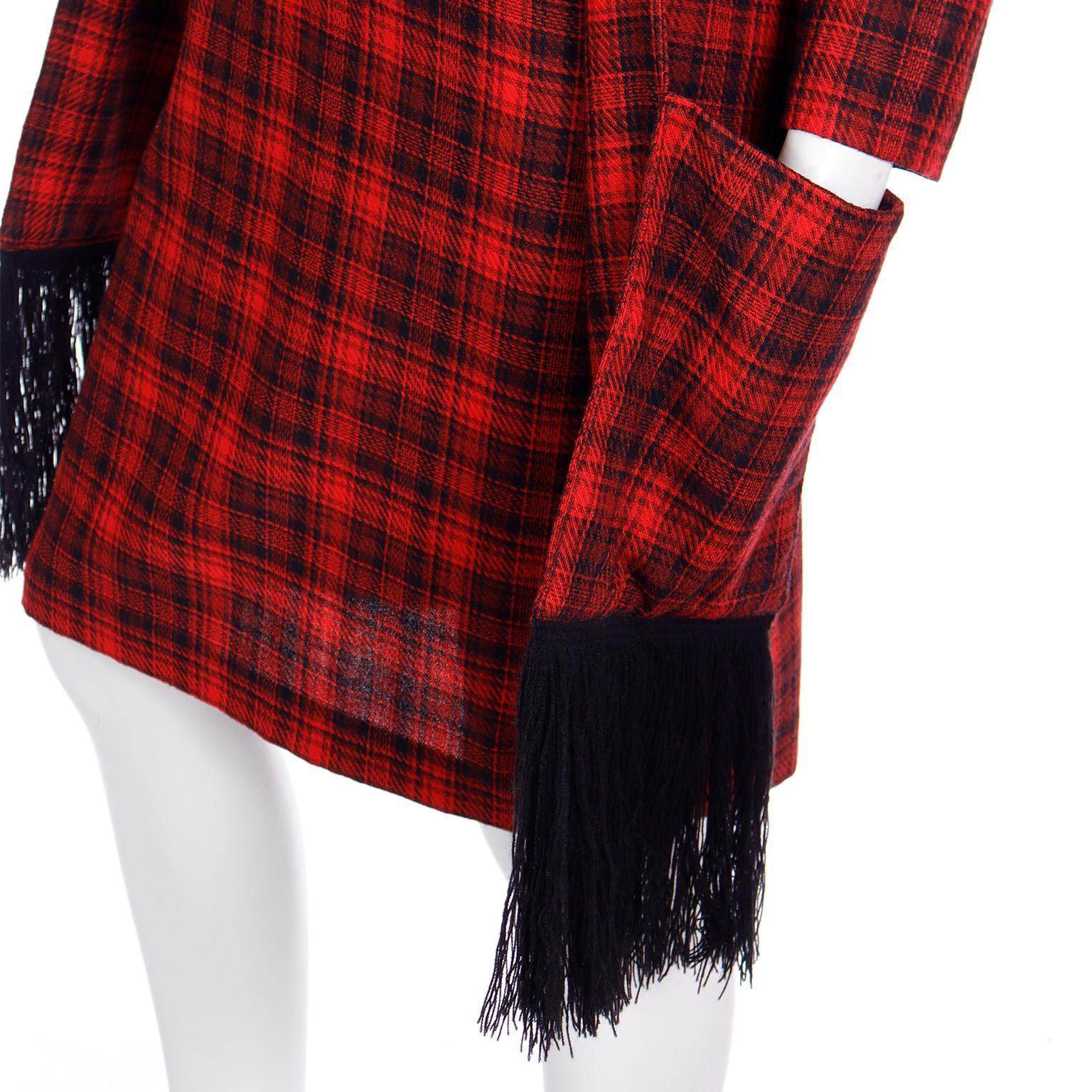 Pierre Cardin Vintage Red Plaid Dress With Long Scarf w Fringe & Pockets For Sale 4