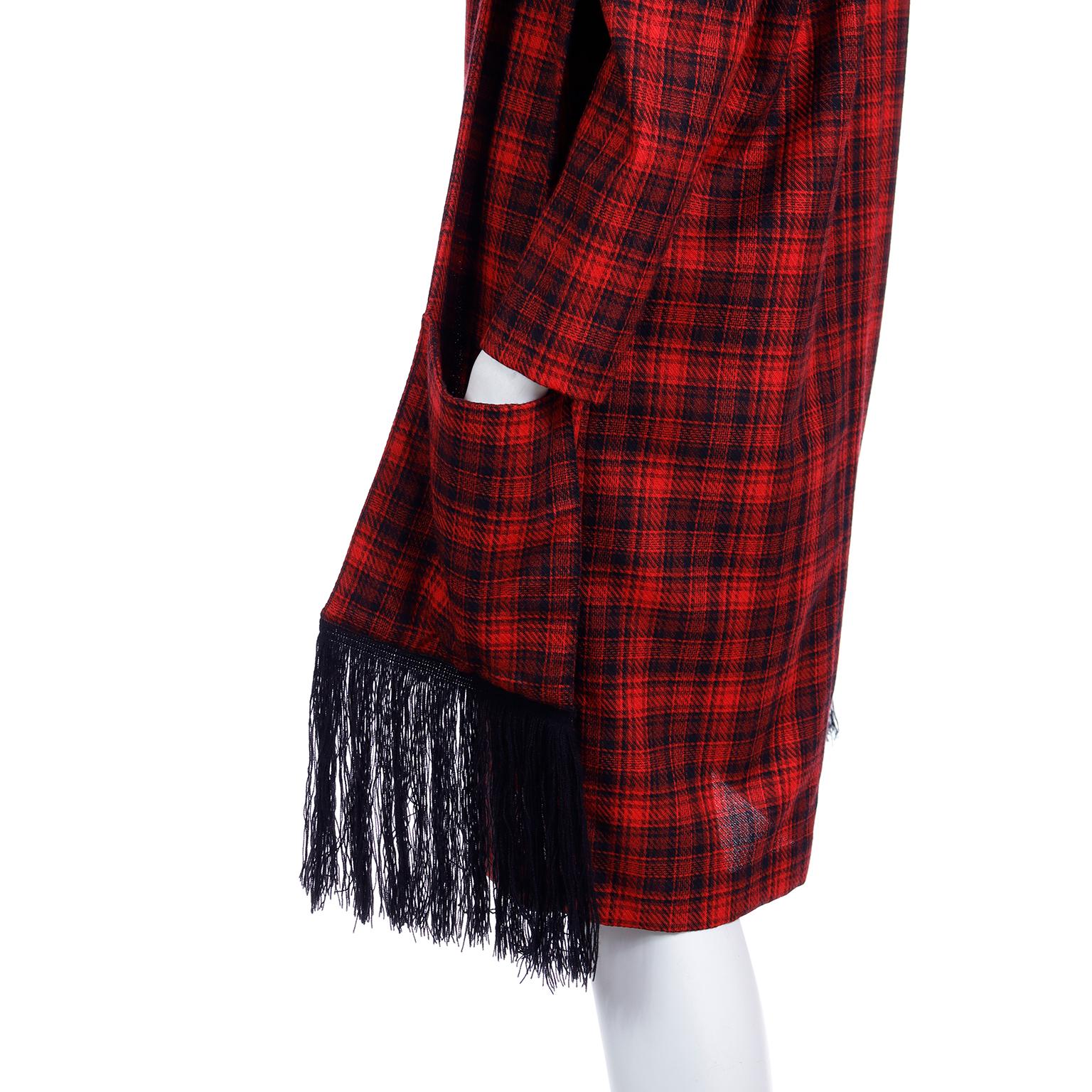 Pierre Cardin Vintage Red Plaid Dress With Long Scarf w Fringe & Pockets For Sale 5