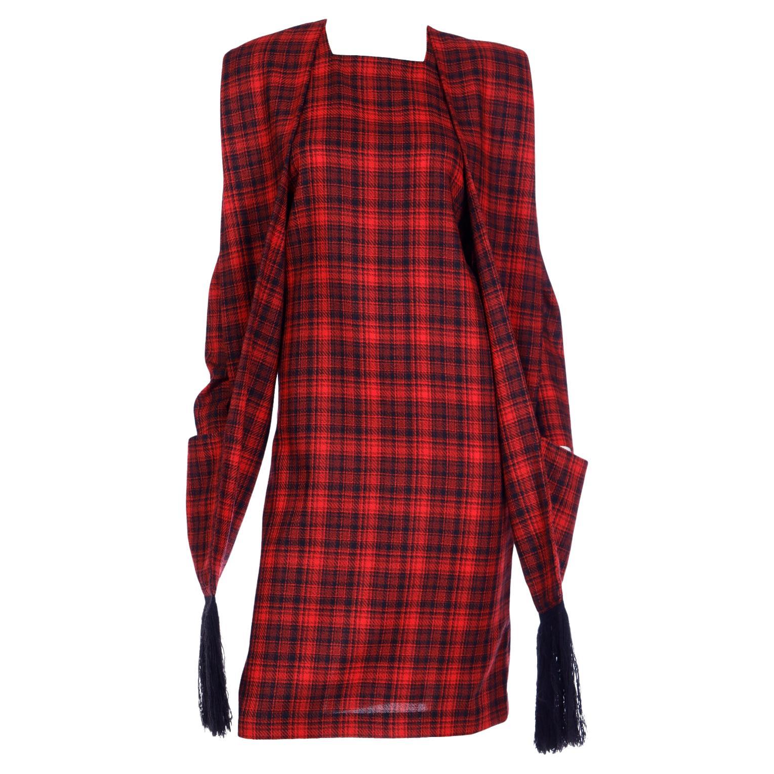 Pierre Cardin Vintage Red Plaid Dress With Long Scarf w Fringe & Pockets For Sale