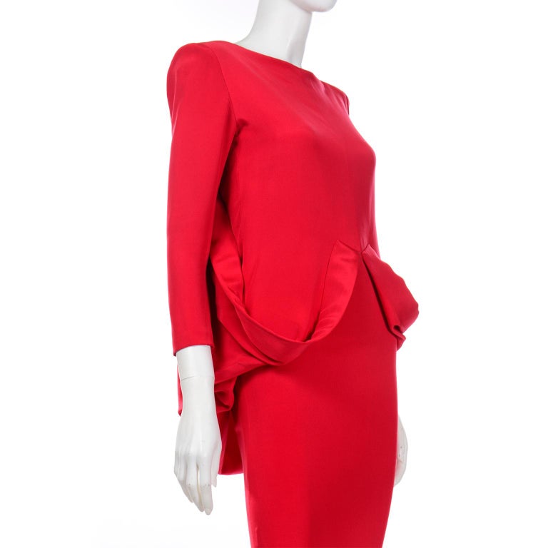 Pierre Cardin Vintage Red Silk Crepe Draped Evening Dress w Plunging Low Back For Sale 6