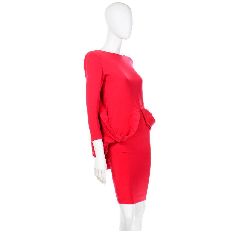 Pierre Cardin Vintage Red Silk Crepe Draped Evening Dress w Plunging Low Back For Sale 7