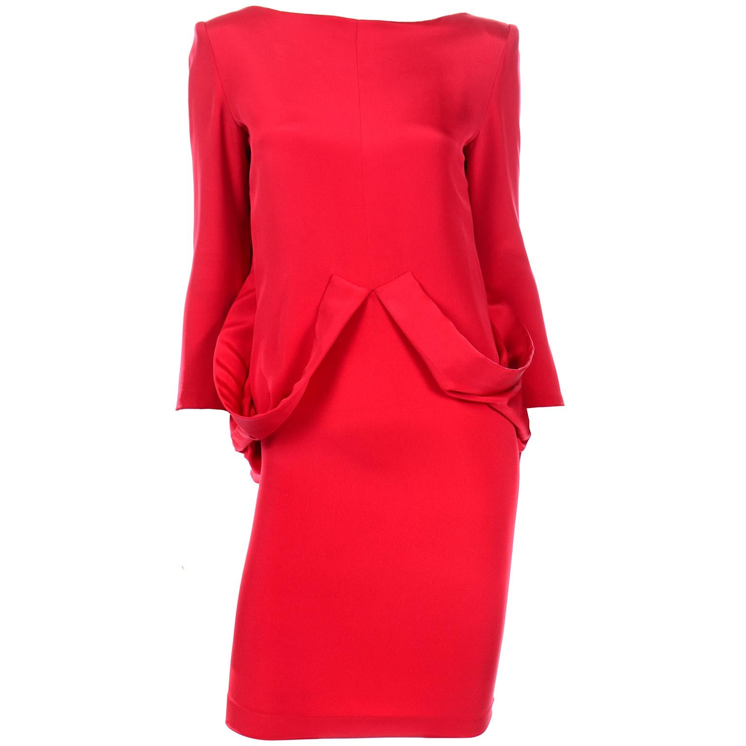 Pierre Cardin Vintage Red Silk Crepe Draped Evening Dress w Plunging Low Back For Sale 9