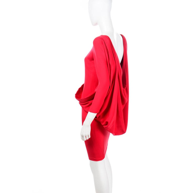 Women's Pierre Cardin Vintage Red Silk Crepe Draped Evening Dress w Plunging Low Back For Sale