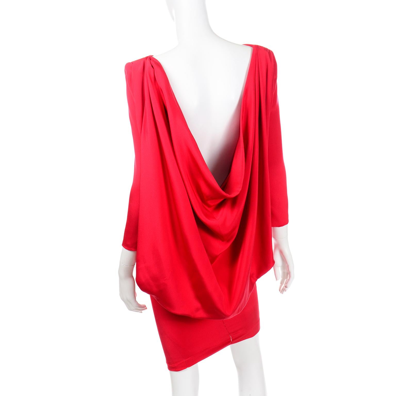 Pierre Cardin Vintage Red Silk Crepe Draped Evening Dress w Plunging Low Back For Sale 1