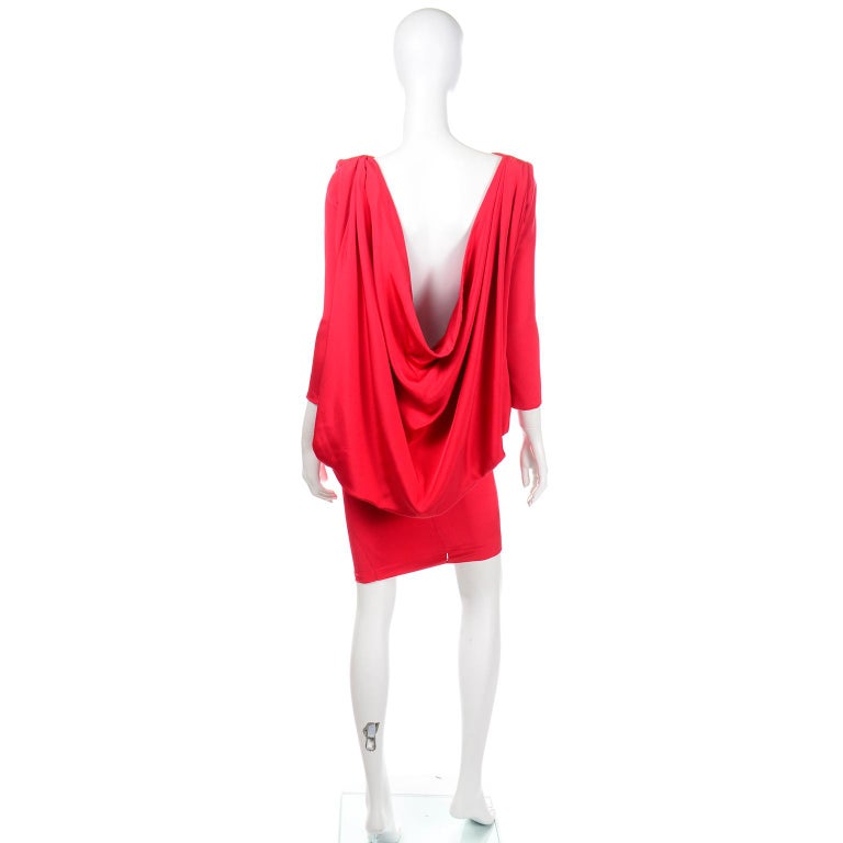 Pierre Cardin Vintage Red Silk Crepe Draped Evening Dress w Plunging Low Back For Sale 2