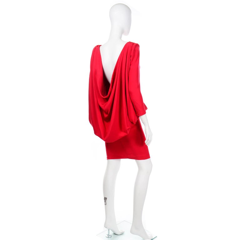 Pierre Cardin Vintage Red Silk Crepe Draped Evening Dress w Plunging Low Back For Sale 3