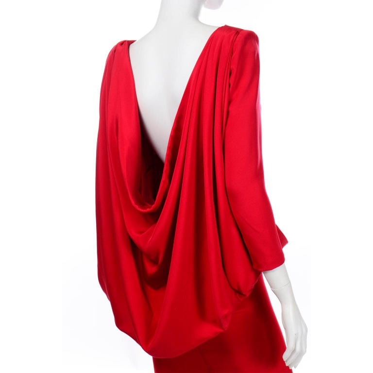 Pierre Cardin Vintage Red Silk Crepe Draped Evening Dress w Plunging Low Back For Sale 4