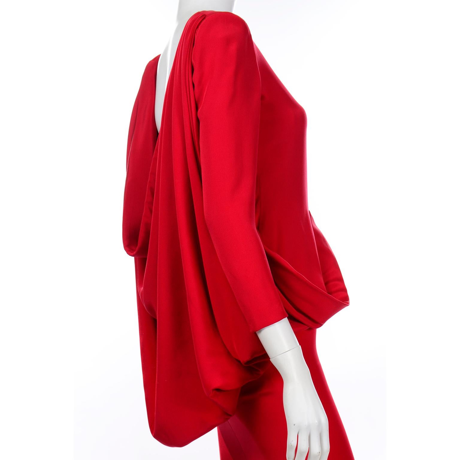 Pierre Cardin Vintage Red Silk Crepe Draped Evening Dress w Plunging Low Back For Sale 5